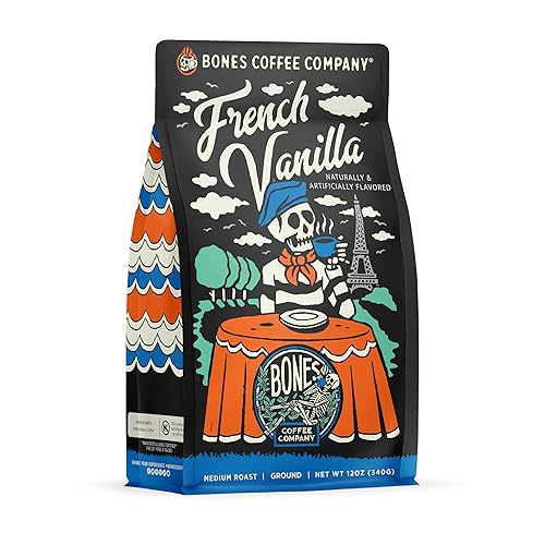 Bones Coffee Company French Vanilla, Creamy Vanilla Flavored Coffee, Medium Roast Low Acid Arabica Beans Compatible with Auto drip and French Press