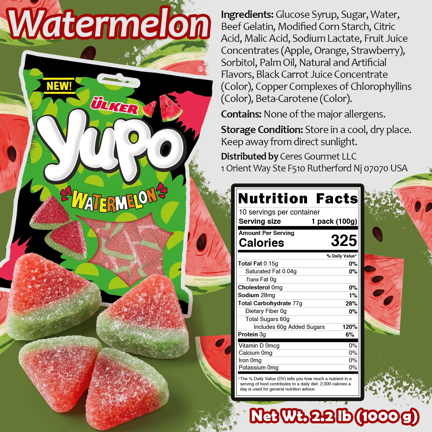 Ceres Gourmet Watermelon Gummy Candy - 2.2 lbs Bulk Bag - Watermelon Flavored Fruit Gummies - Soft and Chewy Gummy Candies - Giant Pack for Parties