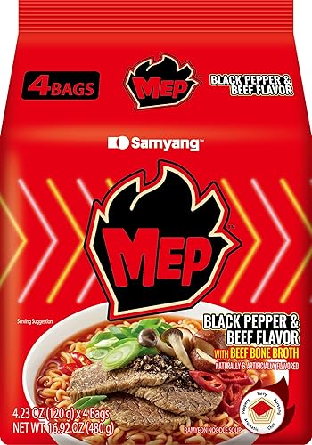 Samyang MEP Black Pepper Beef Ramen Spicy Korean Instant Noodle Soup ENHYPEN Pick Rich Bone Broth Quick Microwave Meal 3.88 oz (Pack of 4)