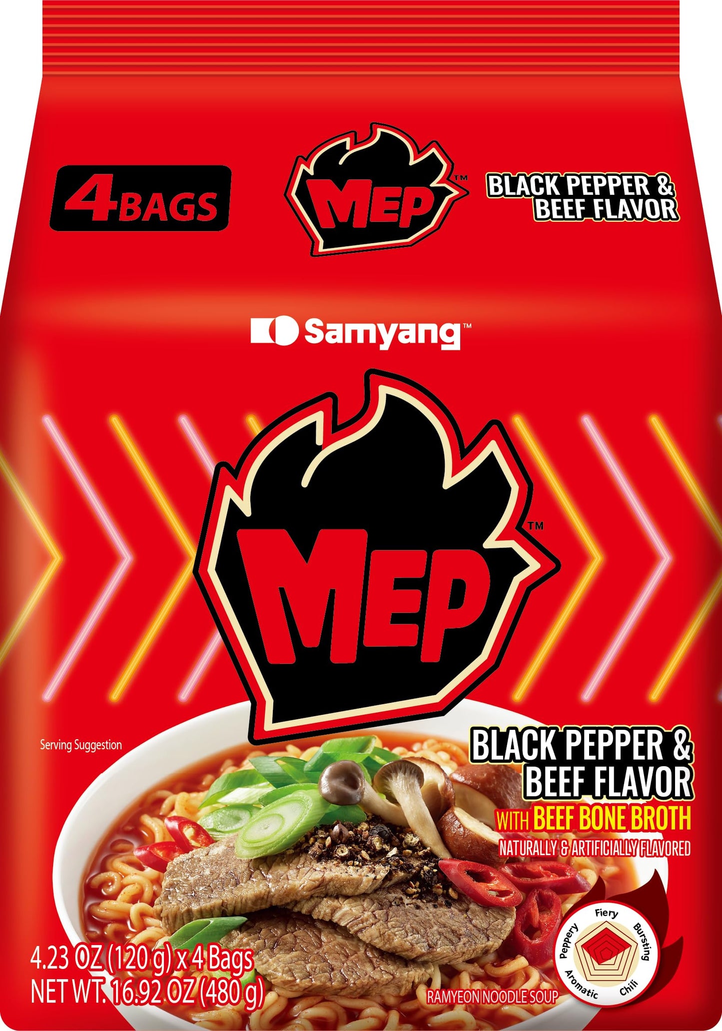 Samyang MEP Black Pepper Beef Ramen Spicy Korean Instant Noodle Soup ENHYPEN Pick Rich Bone Broth Quick Microwave Meal 3.88 oz (Pack of 4)
