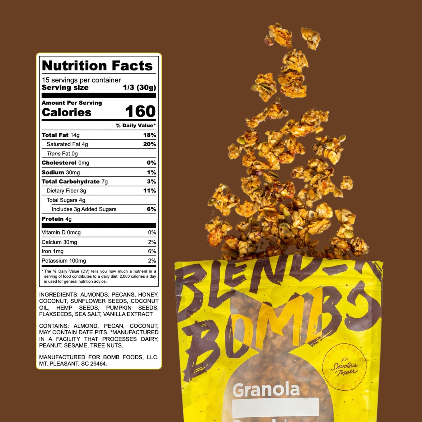 The Bomb Co. Granola, So Bomb SuperSeeds Granola With Almonds, Flax Seed, Hemp Seed, Pumpkin Seed, Coconut, Honey, Vanilla, Sea Salt, Gluten Free