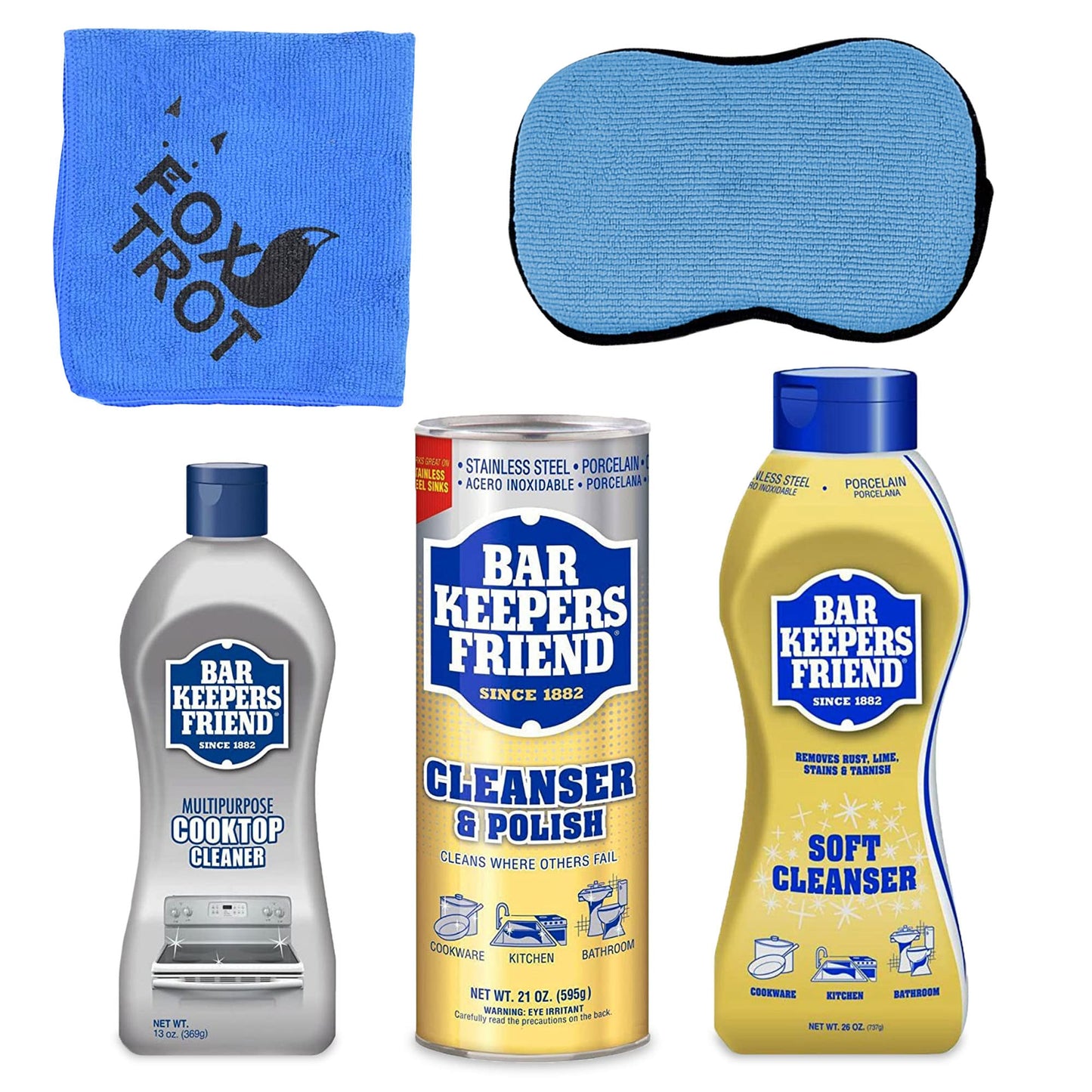 BAR KEEPERS FRIEND Cleanser Trio - Mega Bundle (21 Oz Cleanser and Polish Powder | 26 Oz Liquid Soft Cleanser | 13 Oz Cooktop Cleaner) Plus 1 Foxtrot