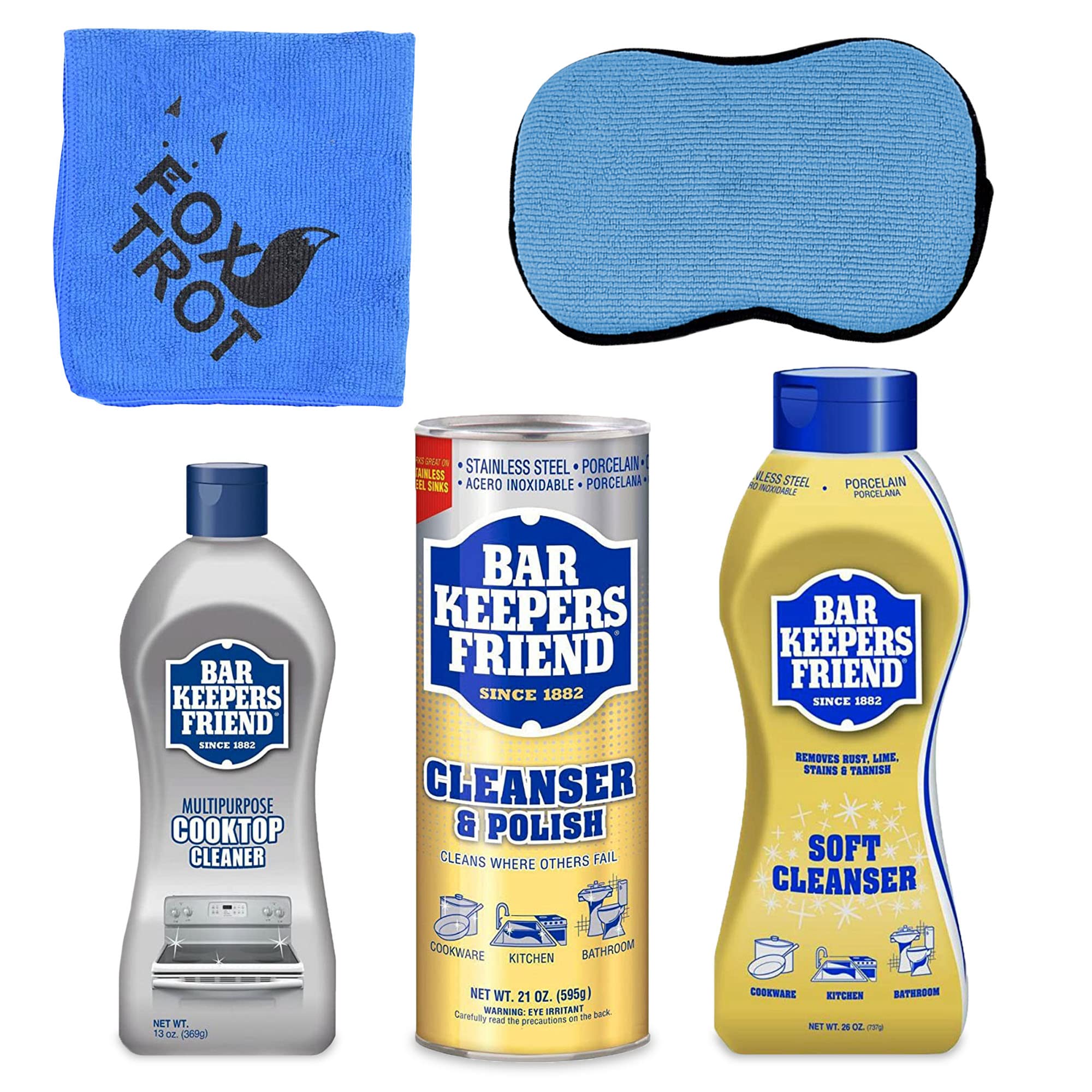 BAR KEEPERS FRIEND Cleanser Trio - Mega Bundle (21 Oz Cleanser and Polish Powder | 26 Oz Liquid Soft Cleanser | 13 Oz Cooktop Cleaner) Plus 1 Foxtrot