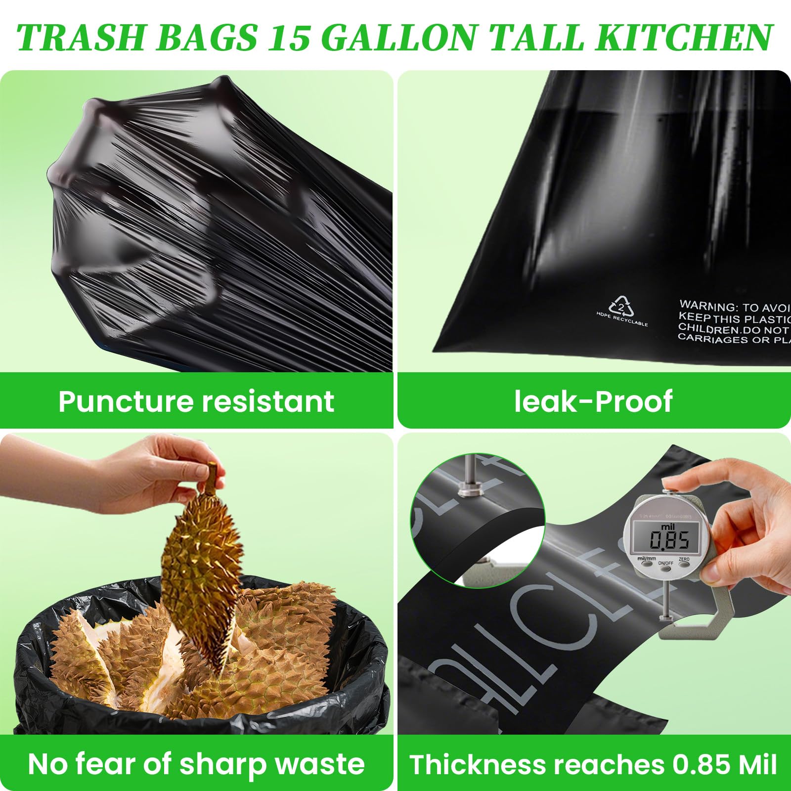 Trash Bags 15 Gallon Tall Kitchen Drawstring Garbage Bags,Fit 13-15 Gal Bins,Extra Strong&Leak-Proof,Unscented&Recyclable Trash Can Liners for Home
