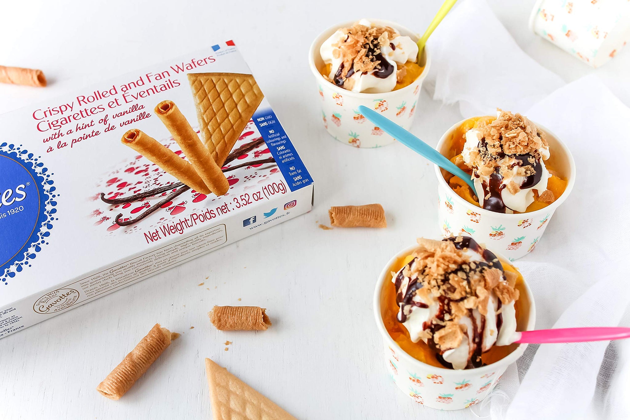 Gavottes Ice Cream Wafer Cookies 100g - Wafer Rolls & Fan Wafers | 20 French Gaufrettes | Crisp & Crunchy Wafer Thins, Made in France by Gavottes