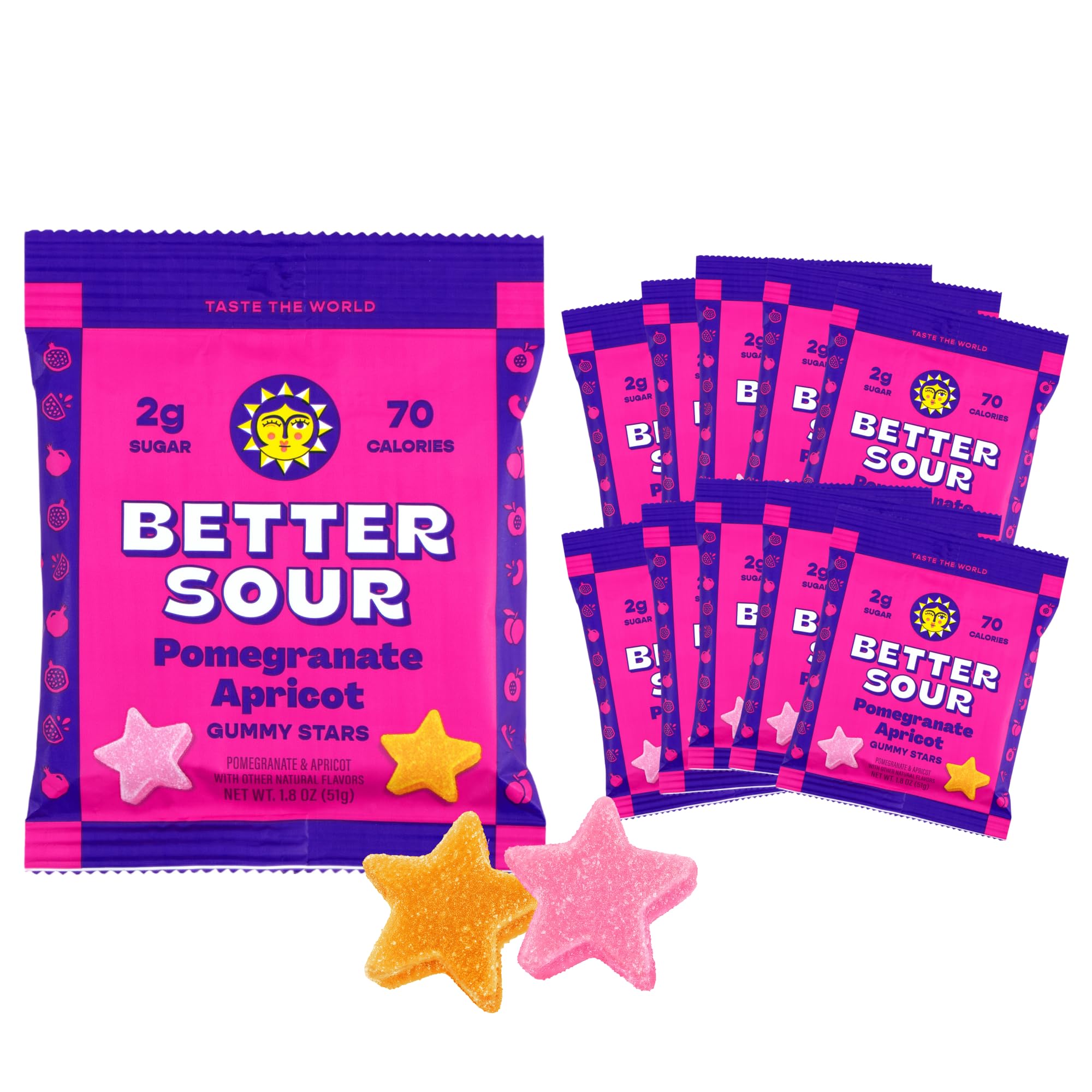 Better Sour Pomegranate Apricot Gummy Stars Candy, Healthy Candy with Low Sugar Gummies, Fiber Gummies with Added Fiber (Pack of 10)