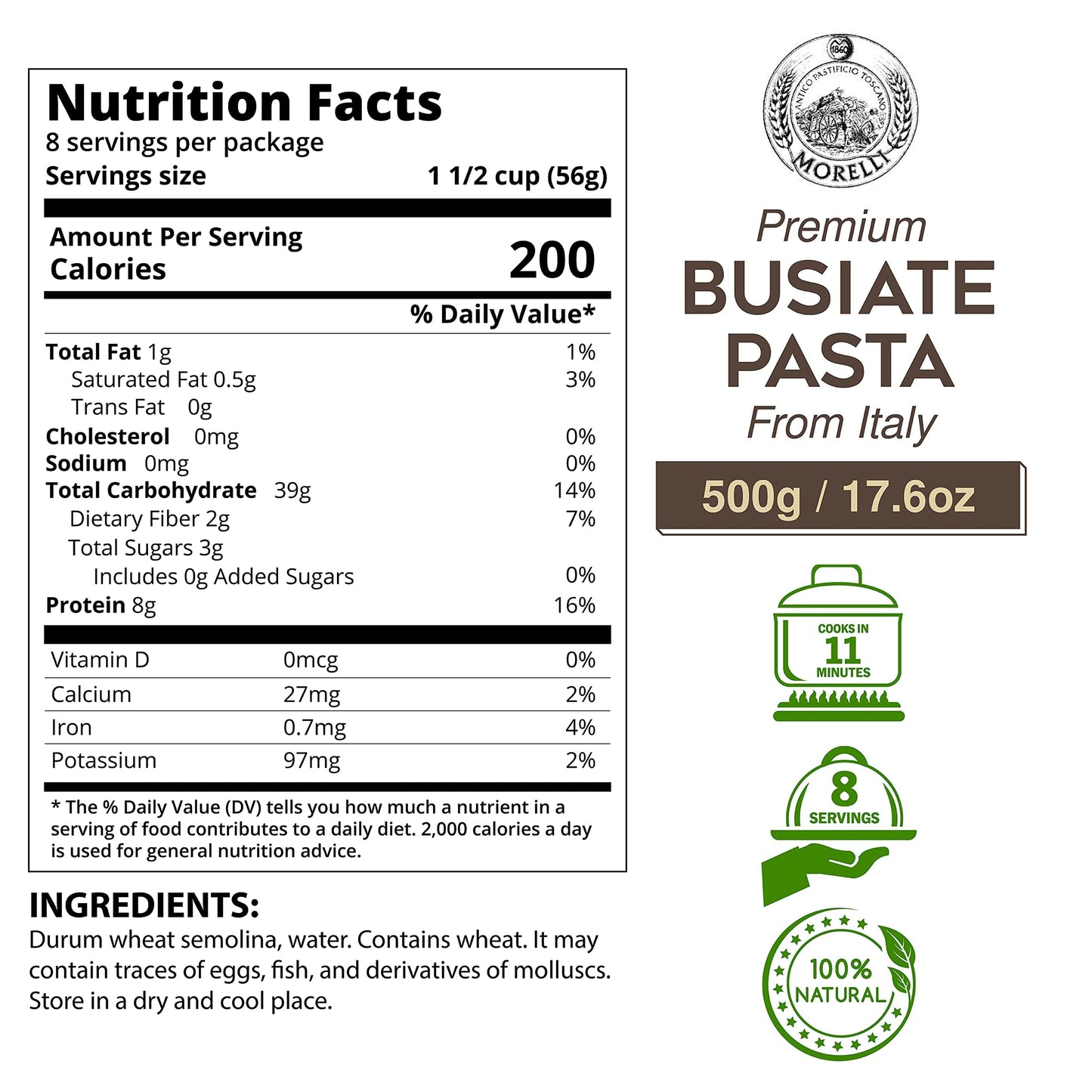 Morelli Spiral Pasta - Organic Premium Durum Wheat Semolina Italian Pasta from Italy - Protein-Rich, Ancient Grains, All Natural, Gourmet Italian