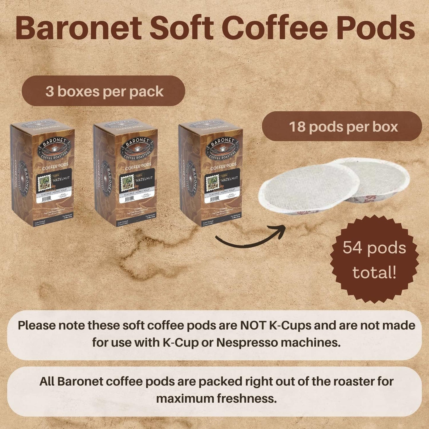 Baronet Coffee Pods [Hazelnut Coffee-54 Pods] Flavored Single Cup Use, Like Senseo [3 Boxes of 18 Single Serve 10 Gram] Regular Strength, Medium Roast