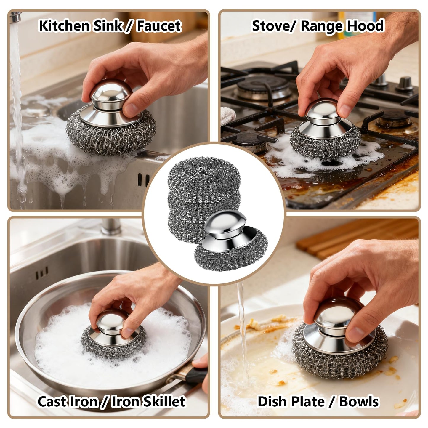 Steel Wool Scrubber, 4-Pack Stainless Steel Scrubber Pads with Handle - The Ultimate Scouring Solution for Rust, Stubborn Messes on Cookware, Grill