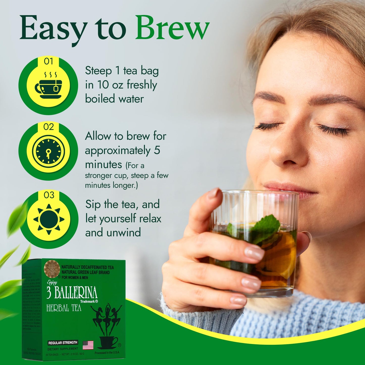 3 Ballerina Natural Green Leaf Brand Naturally Caffeine Free Diet Tea for Women & men (Regular Strength/30 bags, 3 Packs)