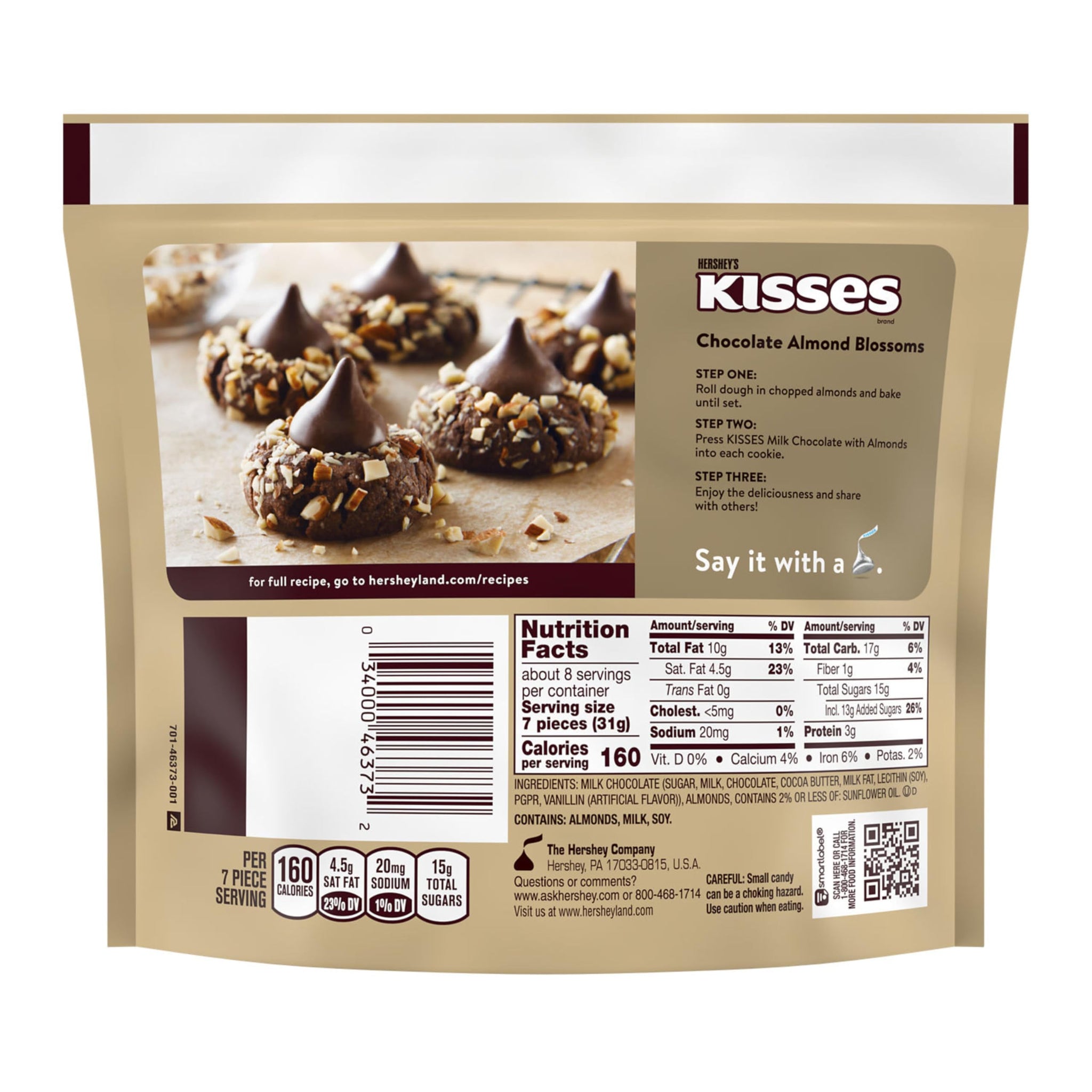 HERSHEY'S KISSES Milk Chocolate with Almonds Candy Share Pack, 8.7 oz