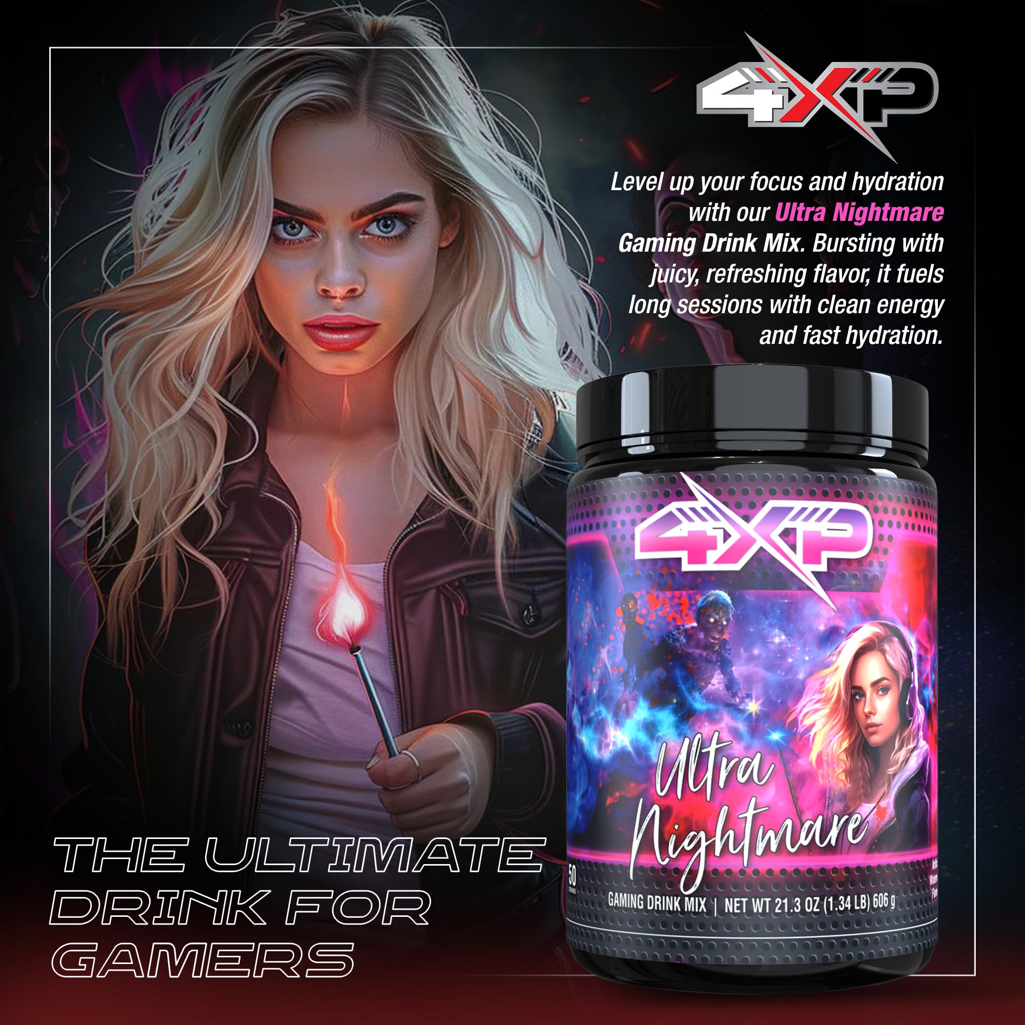 4XP Ultra Nightmare Watermelon Gaming Energy Drink Mix| Low-Caffeine Nootropic Powder with B Vitamins & Watermelon Flavor for Gamers | 50-Serving