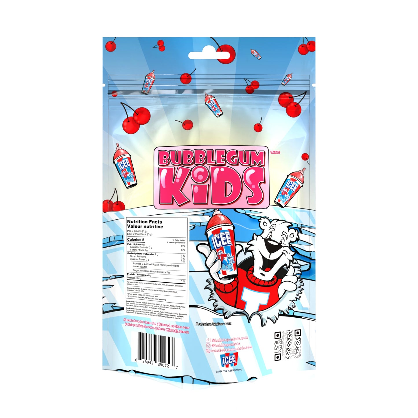 ICEE Cherry Sugar Free Gum by Bubblegum Kids | Sugarless Gum with Xylitol | Vegan, Peanut Free, Low Calorie Candy Alternative for Kids & Adults |