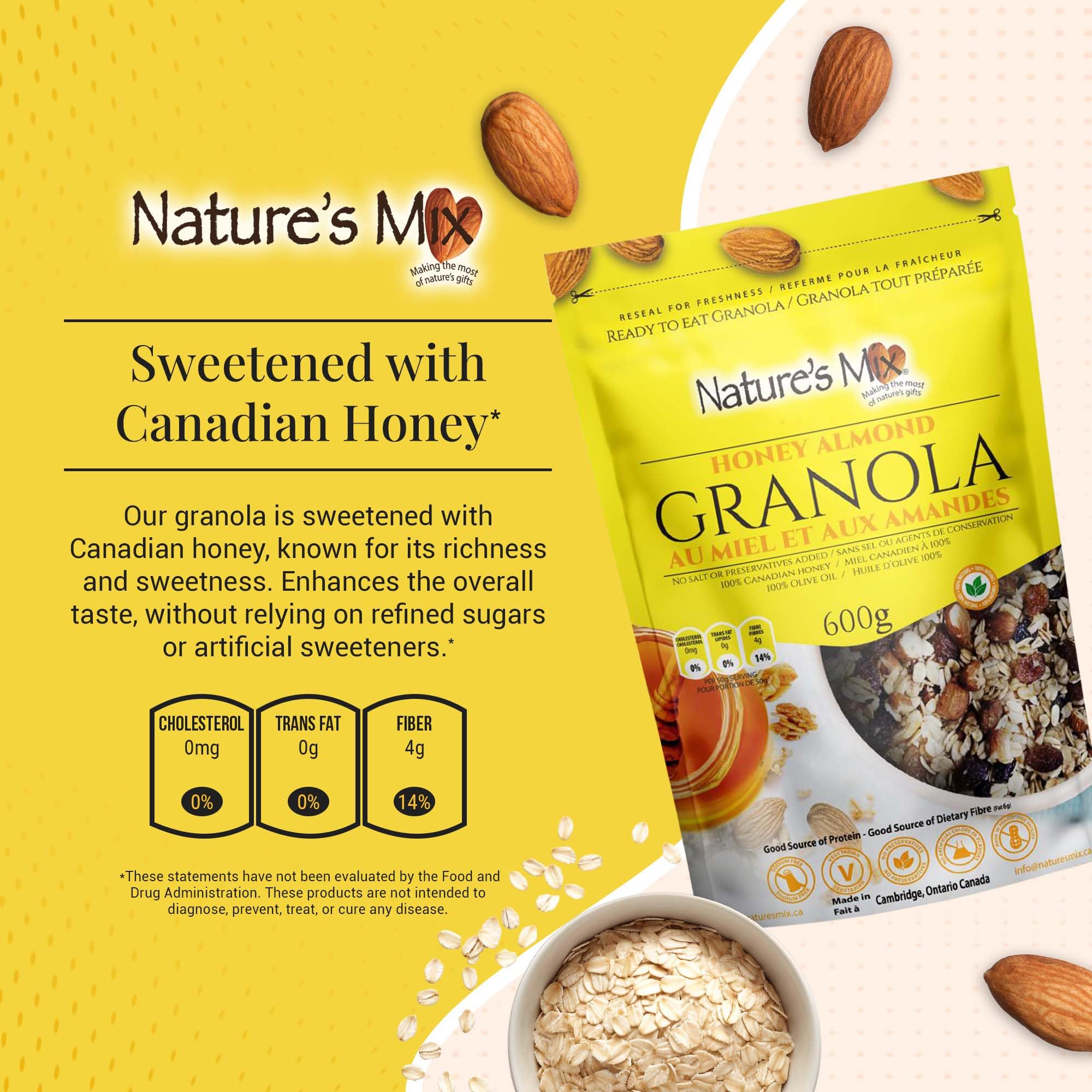 Nature's Mix - Honey Almond Granola - Almonds, Raisins, Dried Currants - Sweetened with Canadian Honey - No Sugar, Salt, or Preservatives - Large
