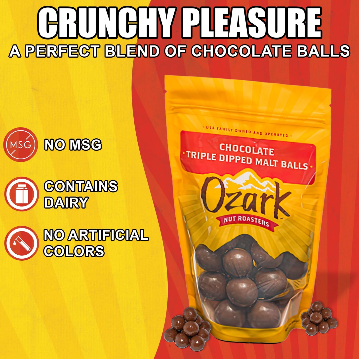 OZARK NUT ROASTERS Chocolate Malt Balls, Gourmet Malted Candy Snack, Rich Chocolate Flavor, Resealable 14 oz Bag, Pack of 1