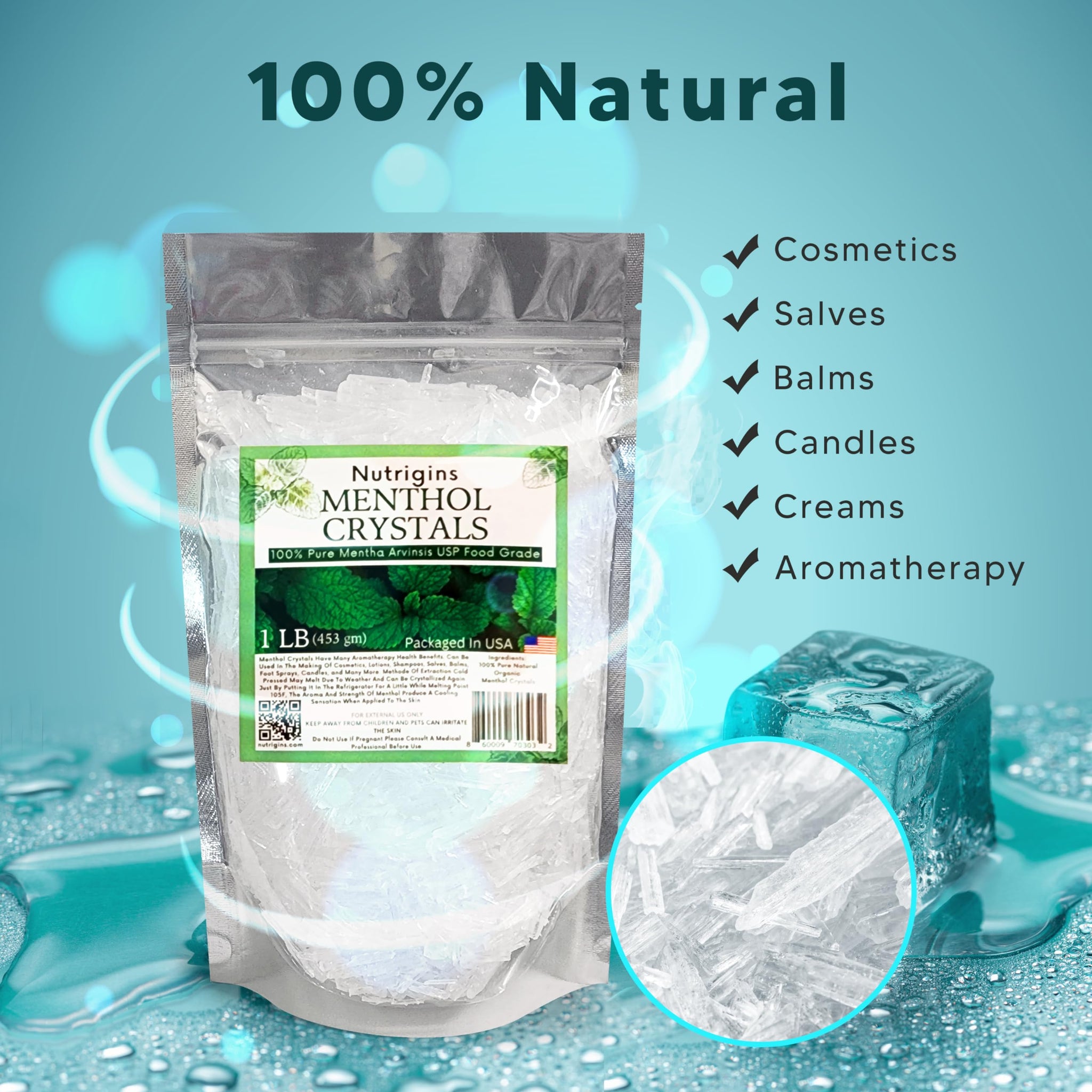 Nutrigins Menthol Crystal 1 LB - Pure Organic 100% Natural - Menthol Crystals from Mint Crystal Mints Mentha Arvensis - Comes in Resealable Standup