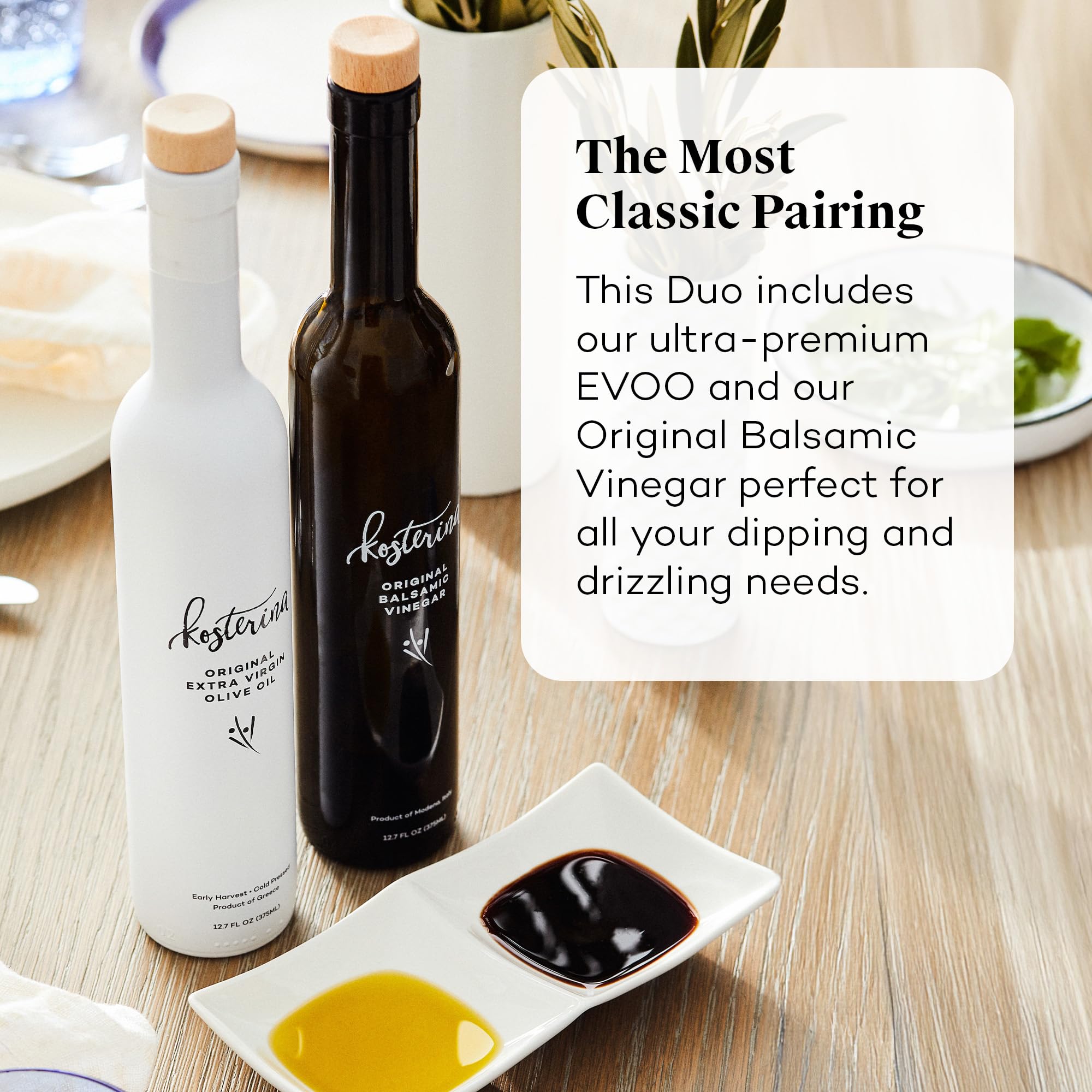 Kosterina Extra Virgin Olive Oil & Balsamic Vinegar Gift Set | Greek EVOO + Modena Balsamic | Polyphenol Rich Olive Oil from Koroneiki Olives | High Antioxidant Oil Gift Set (12.7 oz | Set of 2)