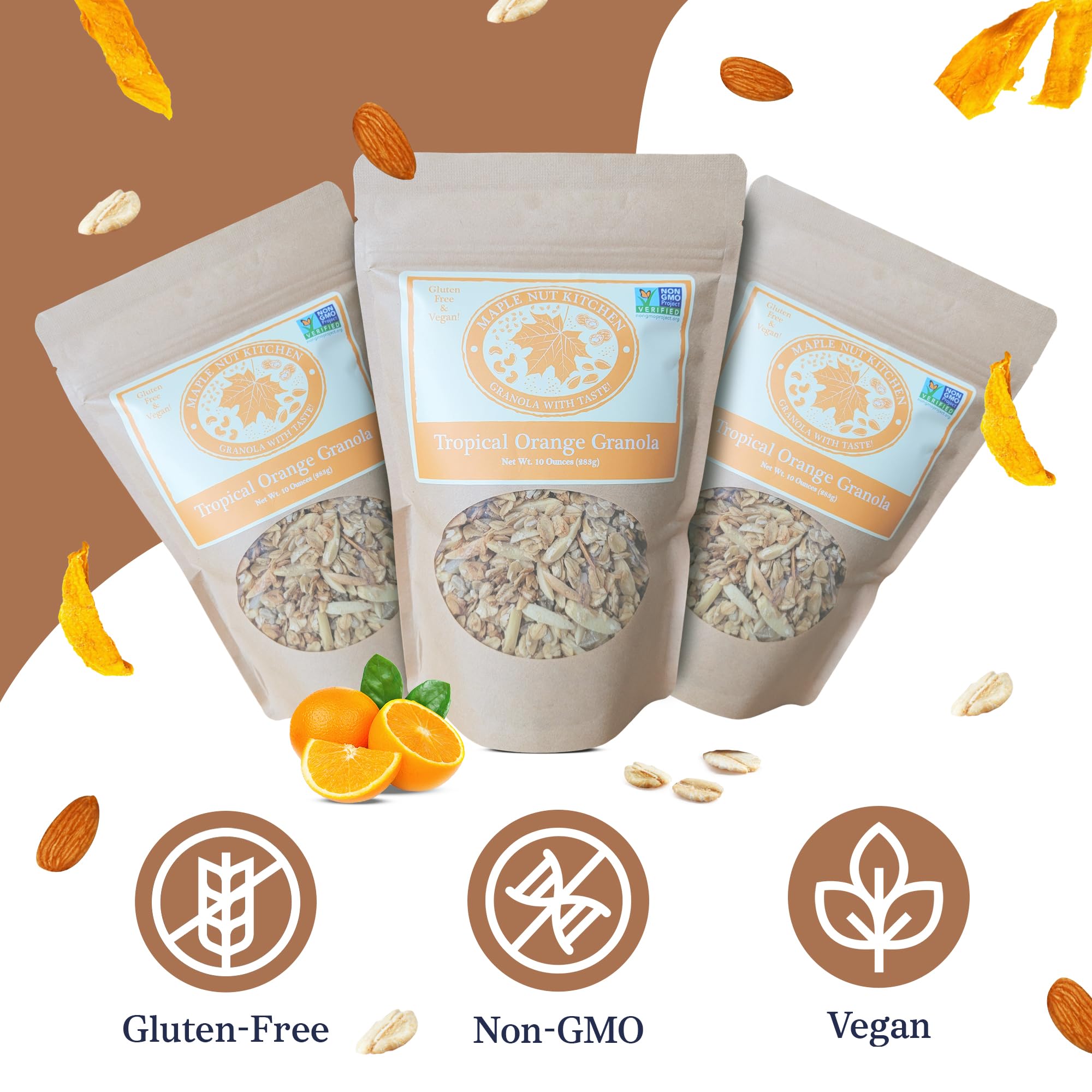 Maple Nut Kitchen Tropical Orange Granola 3 Pack - Gluten Free Granola with Mango, Almonds, Coconut & Citrus - Crunchy Healthy Breakfast Cereal - Low