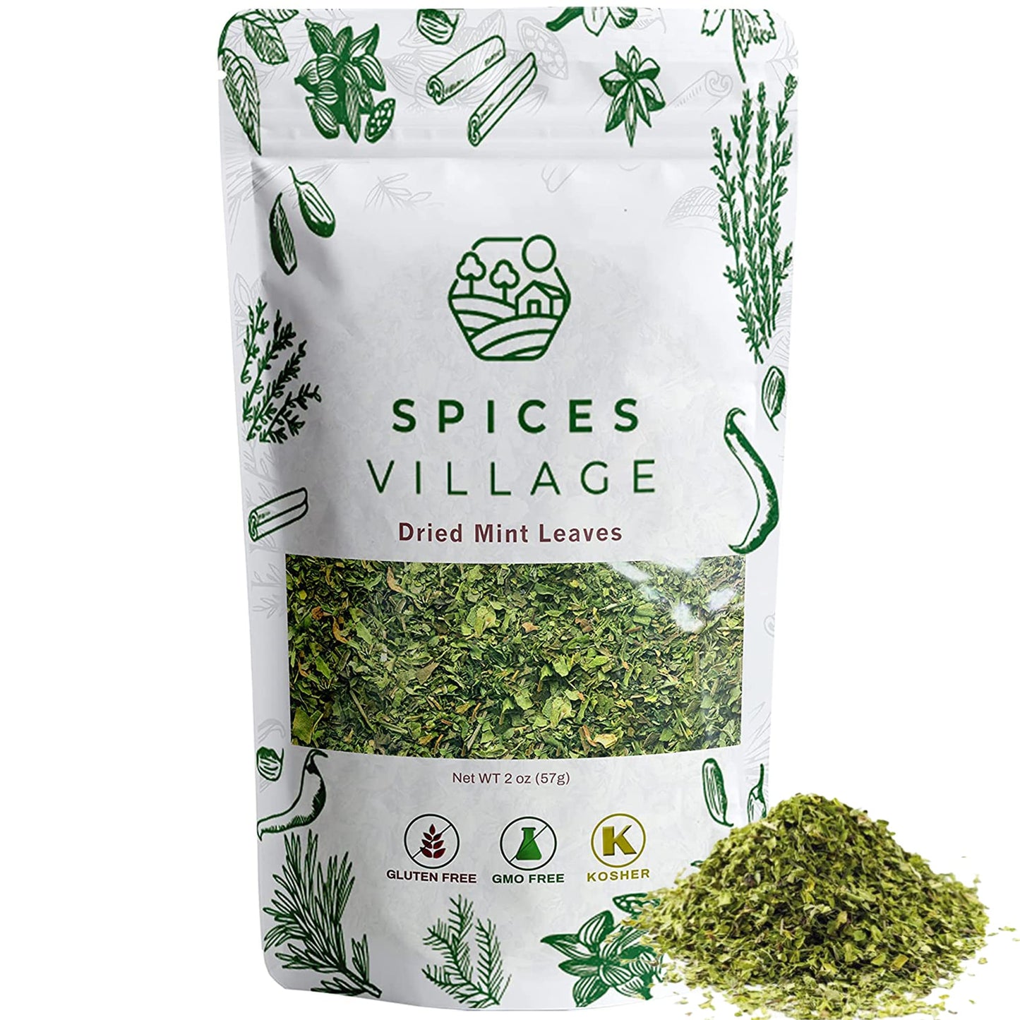 Spices Village Dried Mint for Cooking, Mint Spice Great for Loose Leaf Tea, 2 oz, Dried Mint Seasoning,- Kosher, Gluten Free, Non GMO, Resealable Bulk
