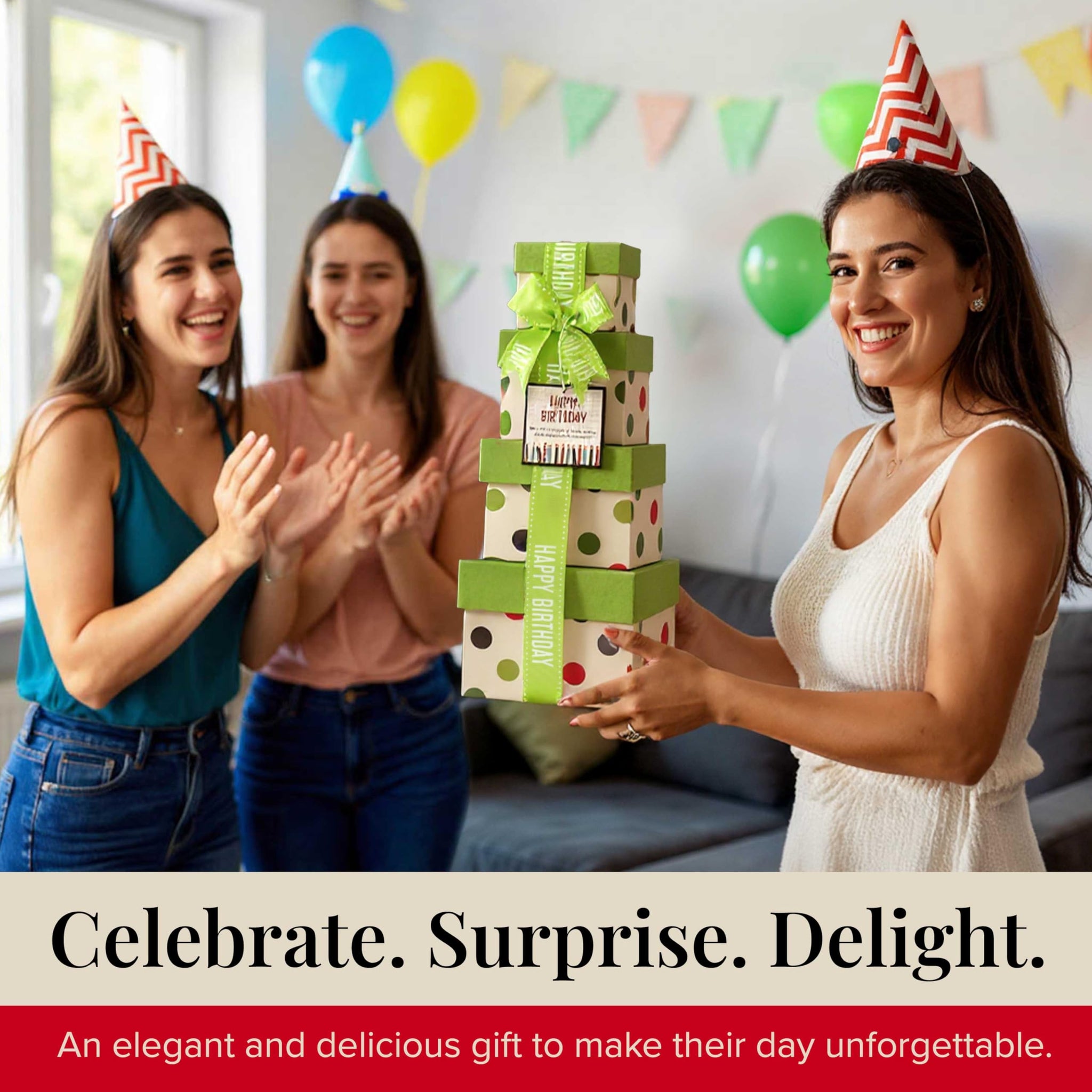 Broadway Basketeers Birthday Gift Tower Box for Men with 16oz Insulated Mug - Snack Tower Box with Savory Gourmet Snacks, Cookies, Nuts, Chocolate