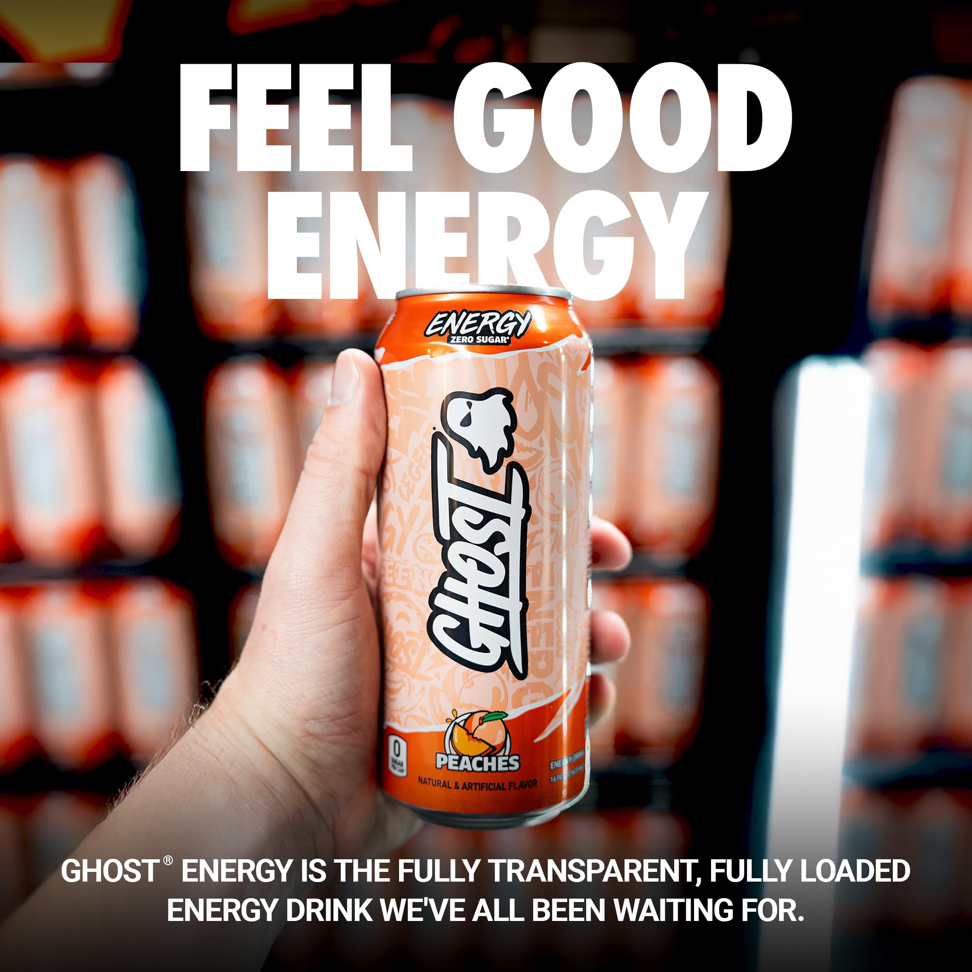 GHOST Energy Drink - 12-Pack, Peaches, 16oz - Energy & Focus & No Artificial Colors - 200mg of Natural Caffeine, L-Carnitine & Taurine - Gluten-Free