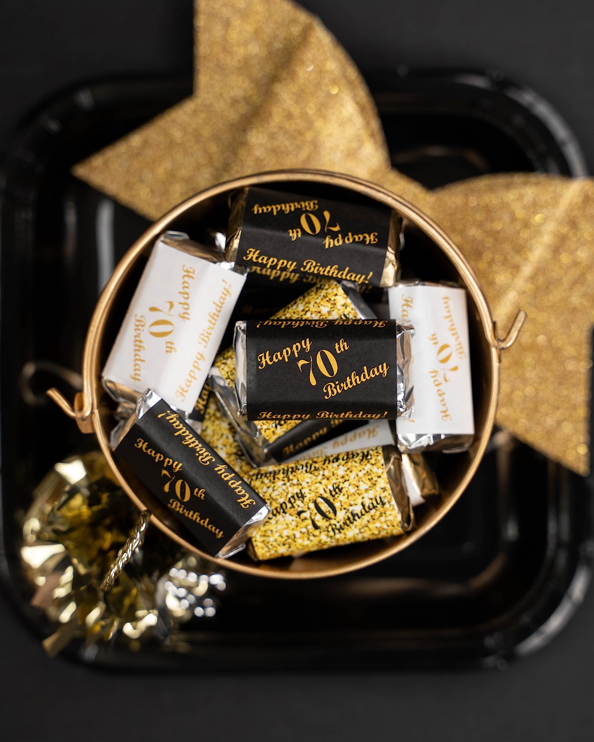 70th Birthday Miniatures Candy Bar Wrapper, (Set of 60) Mini Candy Bar Stickers; 3 Designs: 24 Gold, 24 Black, 12 White. Candy not Included. Made in