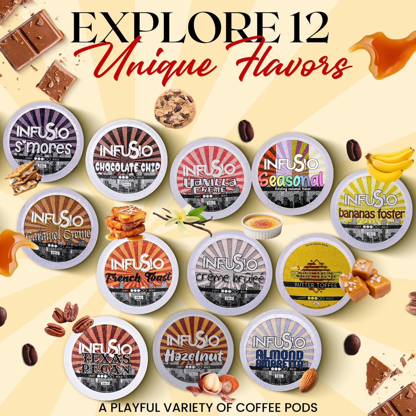 InfuSio Flavored Coffee Pods Variety Pack - 96 Count, 12 Gourmet Medium Roast Dessert-Inspired Blends like Bananas Foster & Crème Brûlée, Compatible