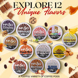 InfuSio Flavored Coffee Pods Variety Pack - 96 Count, 12 Gourmet Medium Roast Dessert-Inspired Blends like Bananas Foster & Crème Brûlée, Compatible