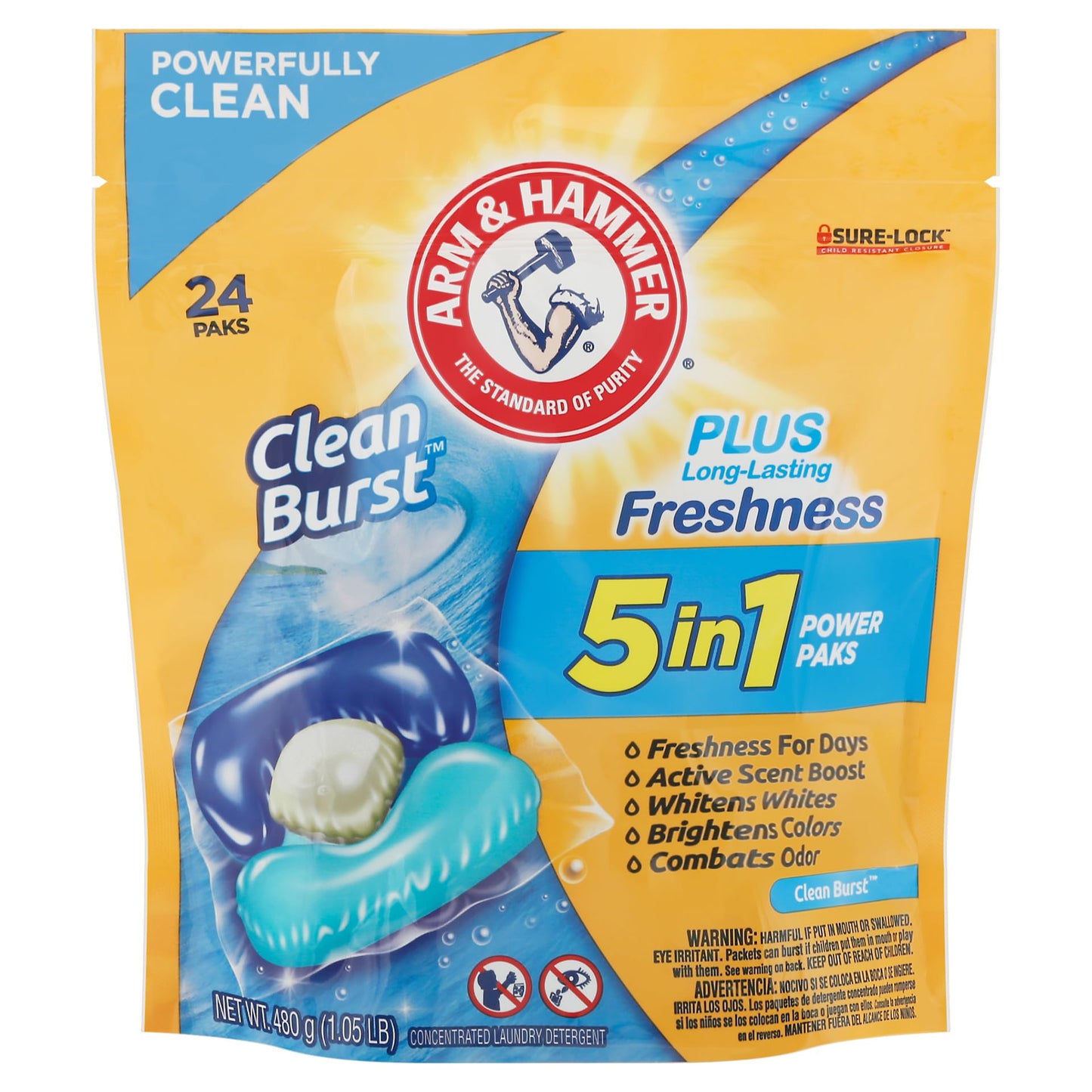 Arm & Hammer, 5 in 1 Power Paks Concentrated Clean Burst Laundry Detergent, 24 Count