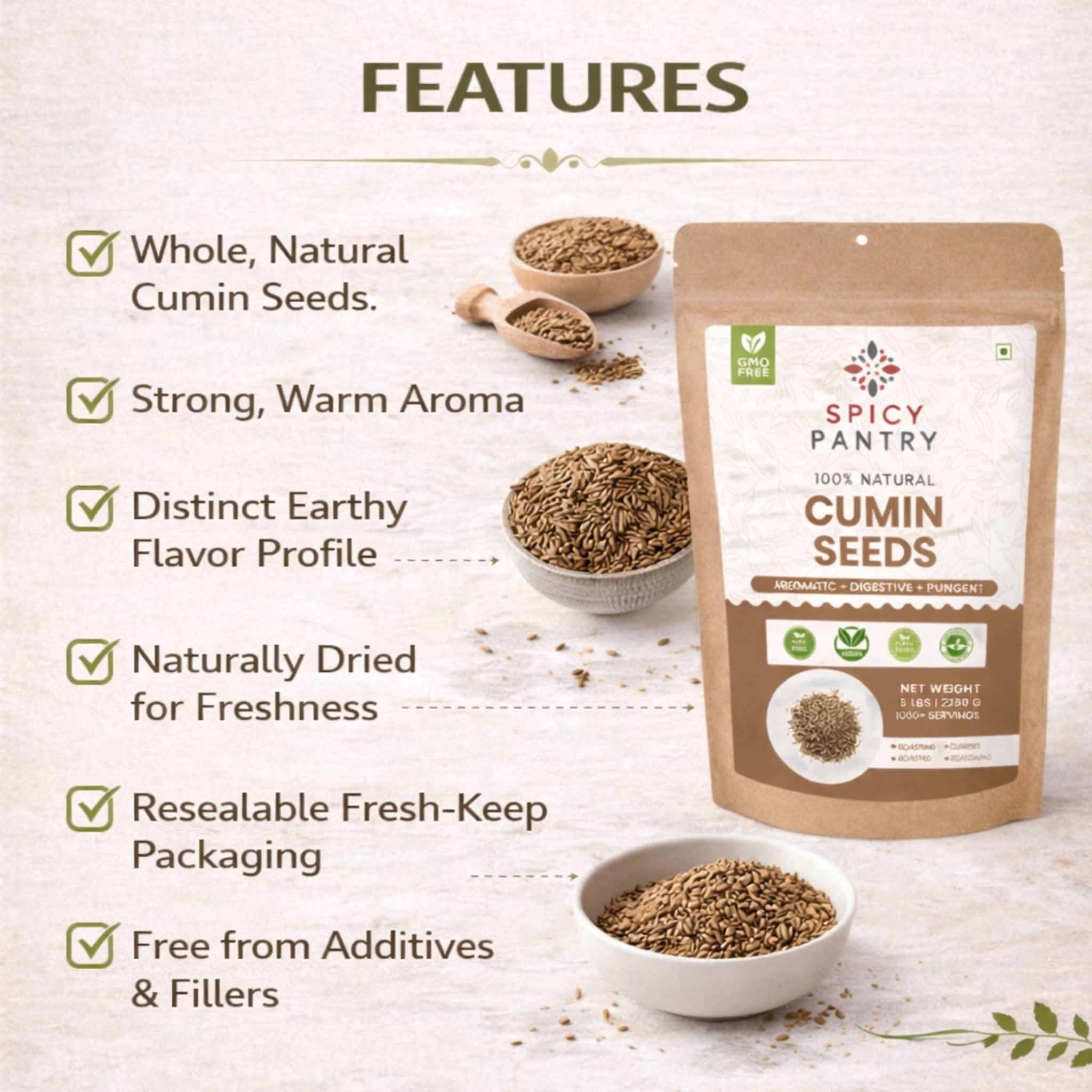 SPICY PANTRY Cumin Seeds 5 lbs - Whole Spice for Curries, Soups, Stews, Jeera Rice & Spice Blends - Non-GMO, Gluten Friendly, Warm & Earthy Aroma