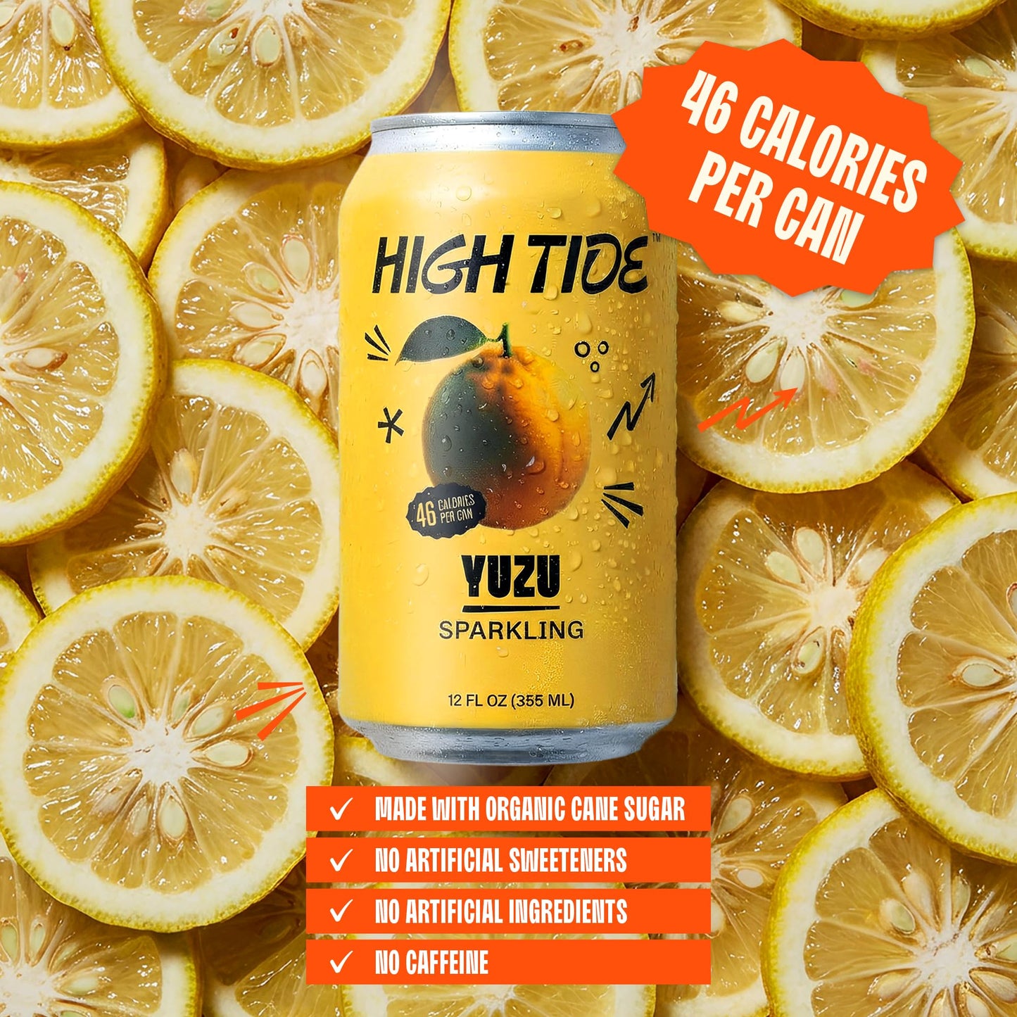 High Tide Yuzu Sparkling Juice - Flavored Carbonated Water Beverage, 46 Calorie per Can, Made with Real Yuzu Juice (Not from Concentrate), Lightly
