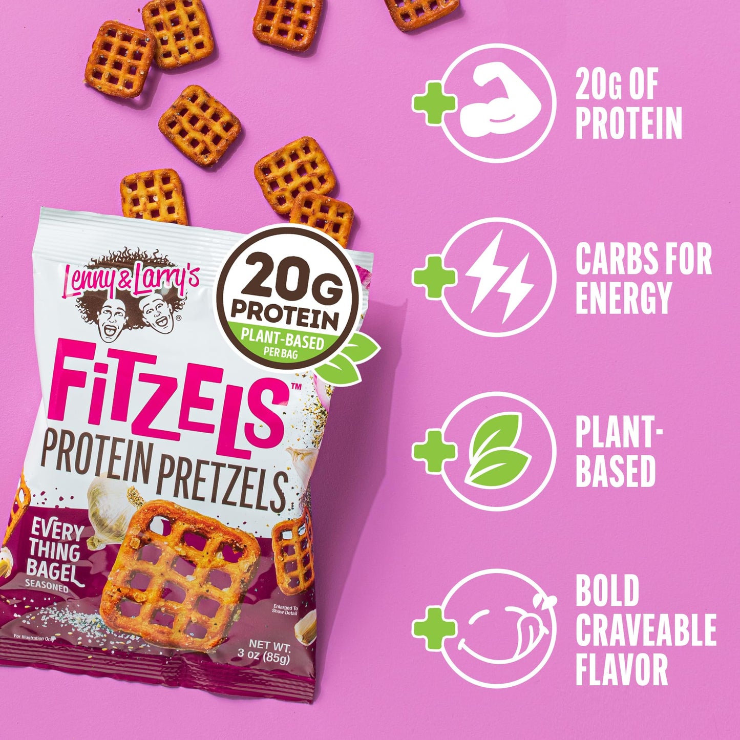 Lenny & Larry's FITZELS Protein Pretzels (Everything Bagel) 8 Individual Bags 3 oz Each - High Protein Snacks with 20g of Plant Based Protein