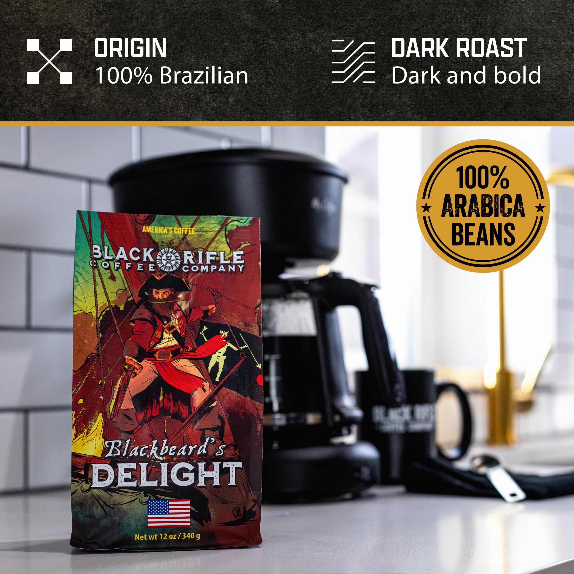 Black Rifle Coffee Company Blackbeard's Delight, 12oz Bag, Whole Bean Dark Roast - Roasted Blend Made from Arabica Beans - Colombian & Brazilian Beans