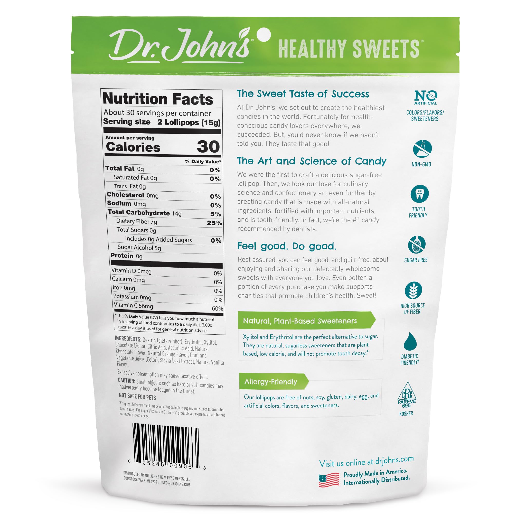 Dr. John's Healthy Sweets Orange & Chocolate Lollipops with Zero Sugar, Dye-Free, Plant Based, Keto Friendly, 60 Count, 1 LB Bag