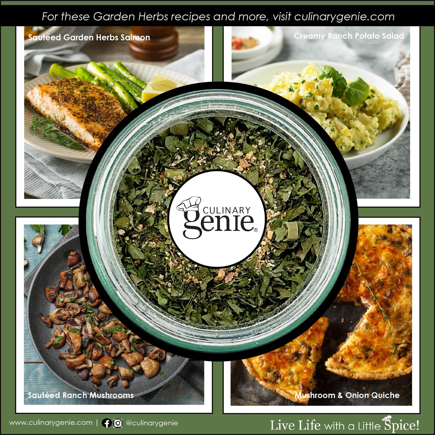 Culinary Genie Salt-Free Garden Herbs Seasoning Blend - Ranch Style Dip & Dressing Mix, Dairy-Free, No Salt Added