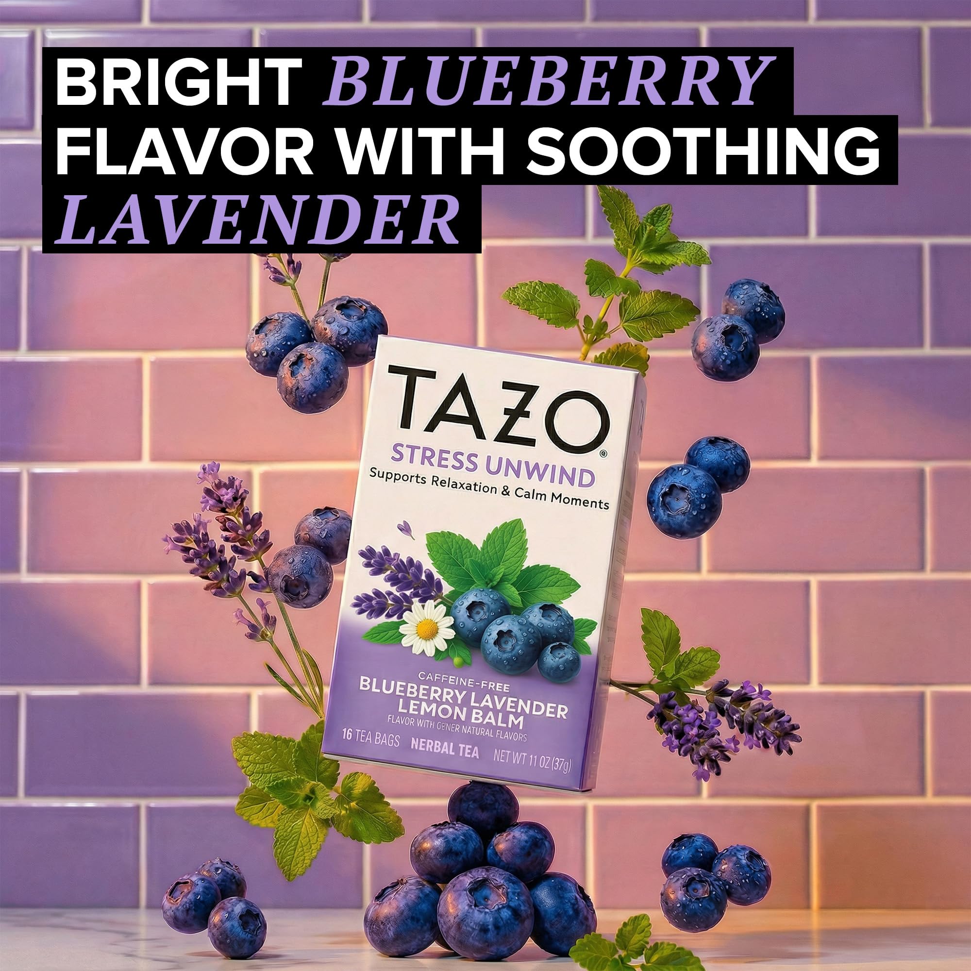 TAZO Herbal Tea Bags, Stress Unwind Blueberry Lavender Lemon Balm, 16 Count (Pack of 1)