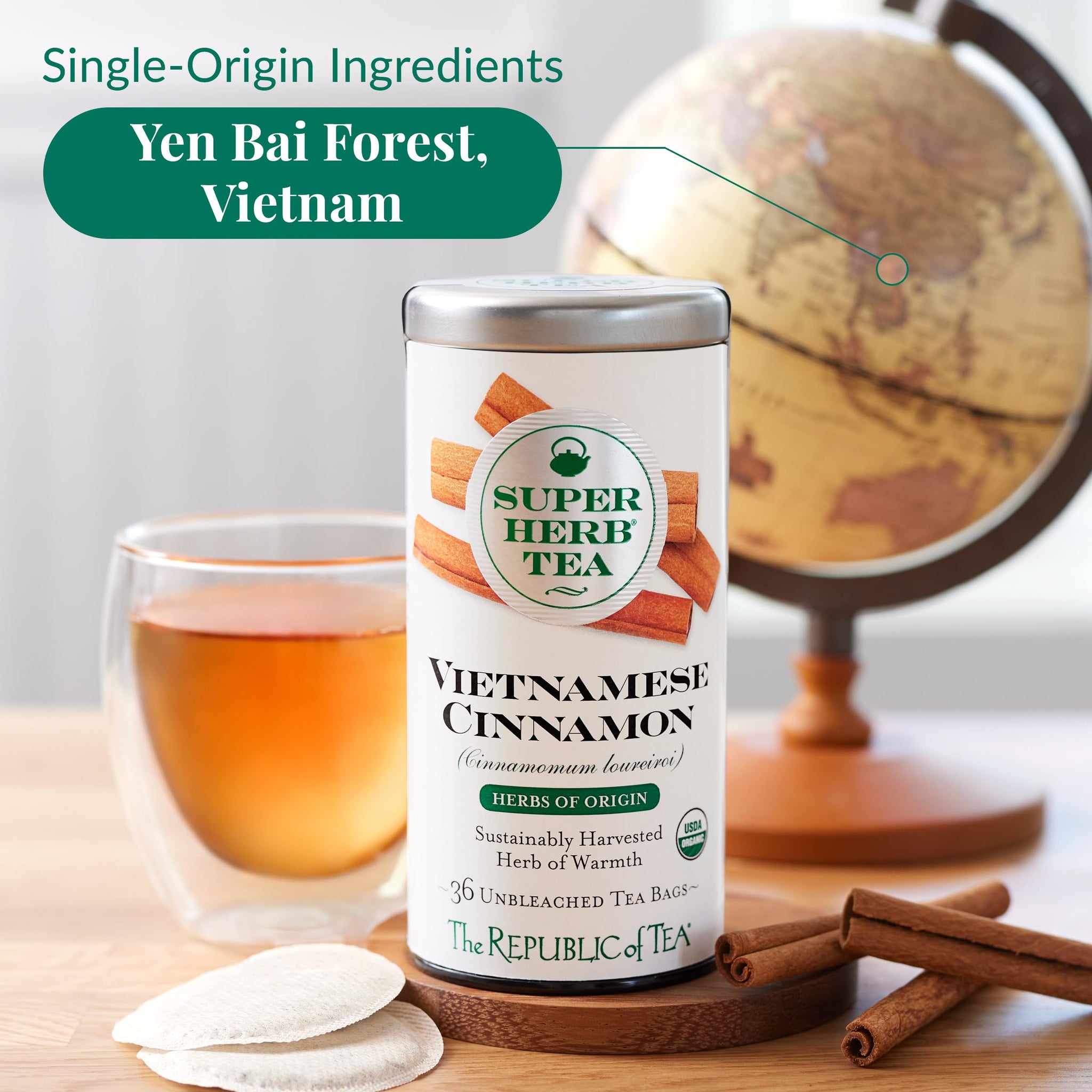 The Republic of Tea - Organic Vietnamese Cinnamon SuperHerb Tea Tin, 36 Herbal Tea Bags, Naturally Caffeine-Free Herbs of Origin