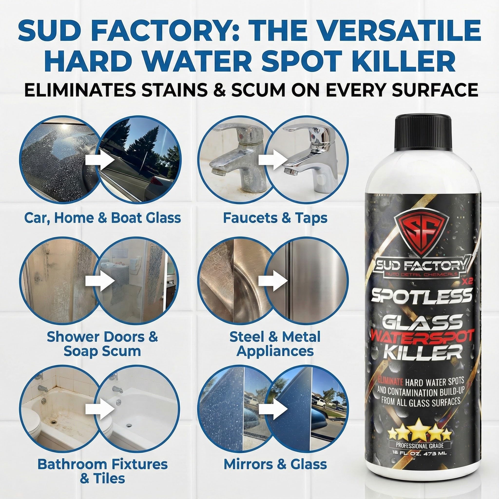 Sud Factory Hard Water Spot Remover for Glass Spotless X2 - Removes Water Stains from Shower Doors, Car Windows, Windshields - Professional Strength