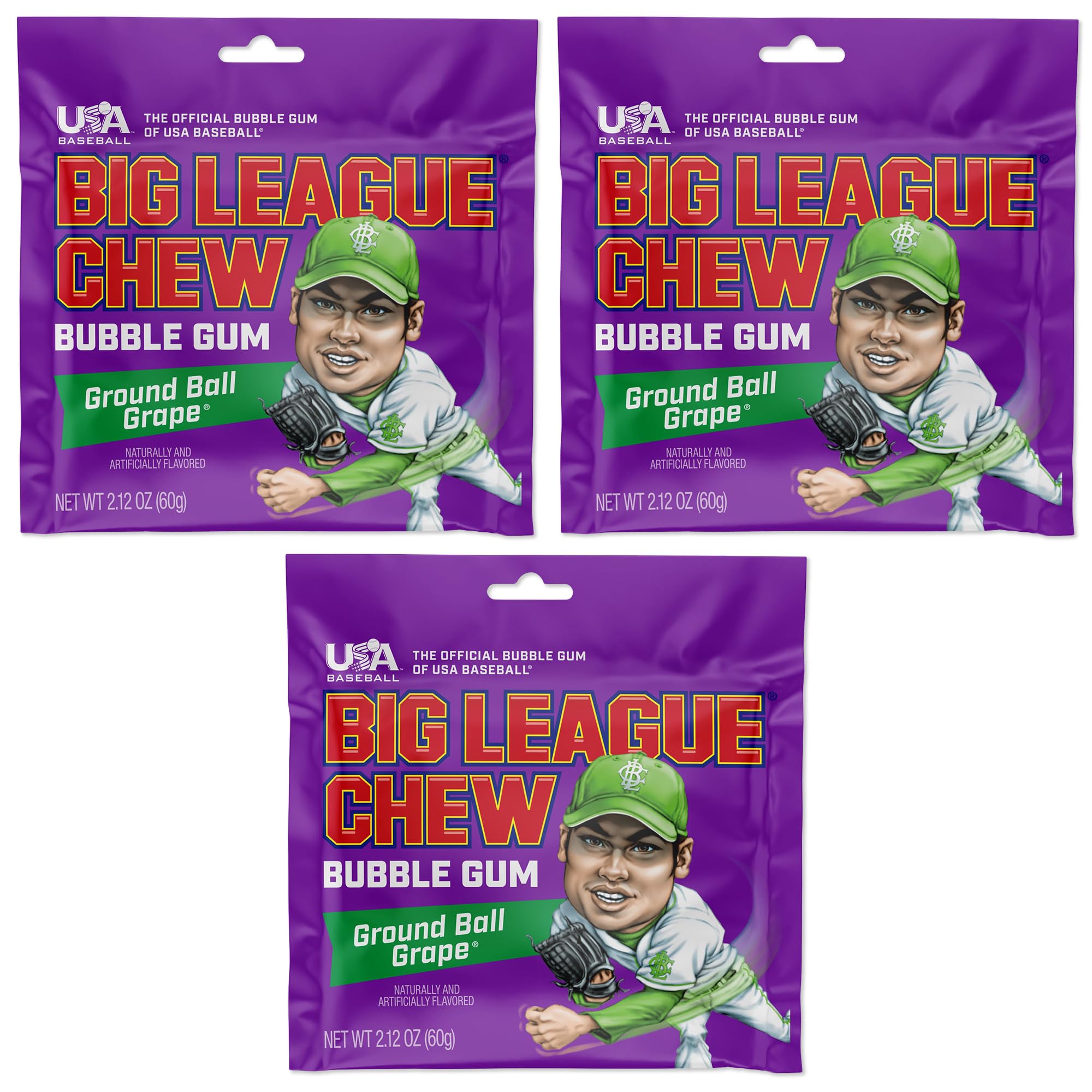 Big League Chew Grape Bubble Gum 3-Pack - 2.12oz Packets - Ground Ball Grape Baseball Gum - Big League Chew Baseball Candy Set for Treats, Party