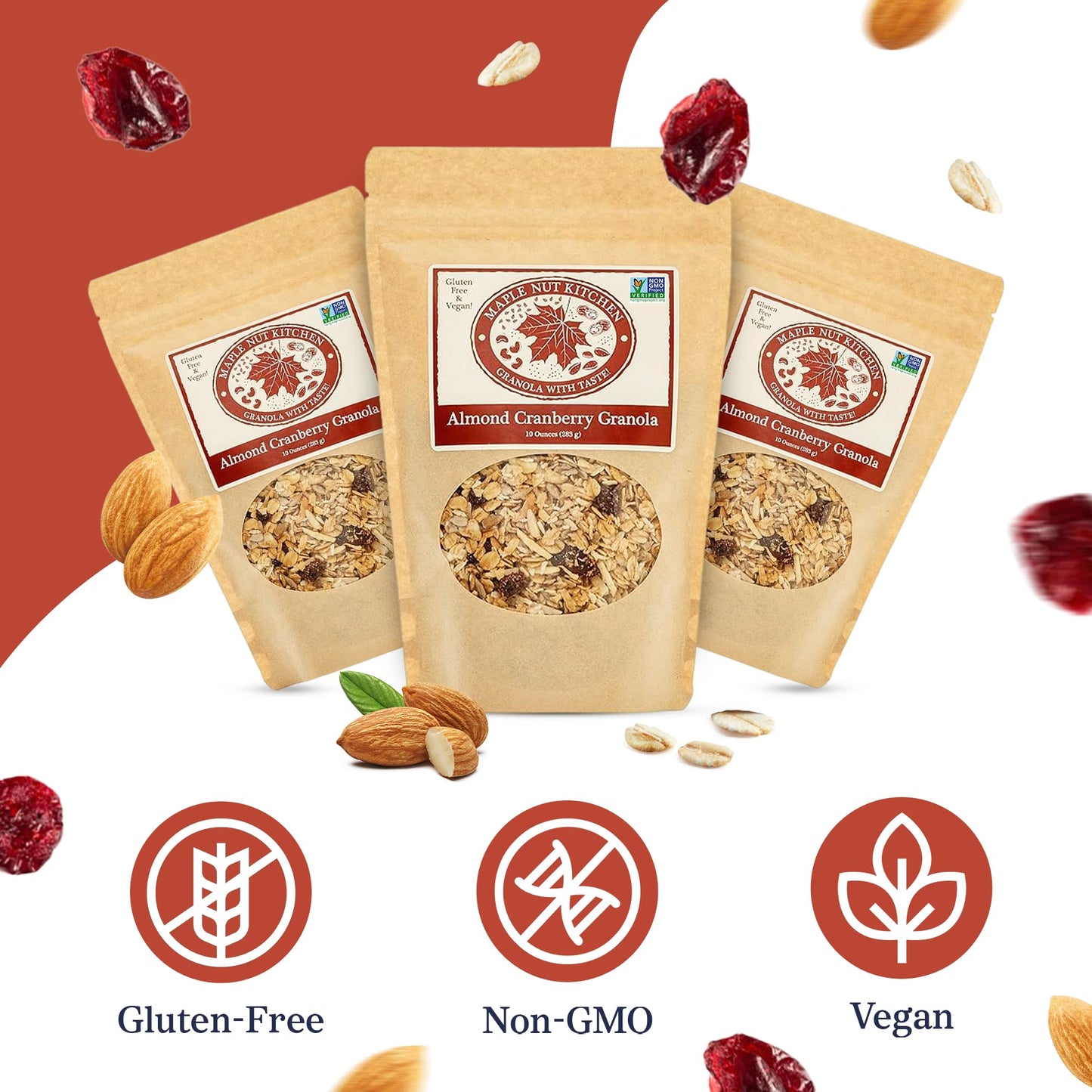 Maple Nut Kitchen Almond Cranberry Granola 3 Pack - Crunchy, Delicious, Artisan Granola with Gluten Free Oats, Almonds, Cranberries & Maple Syrup |