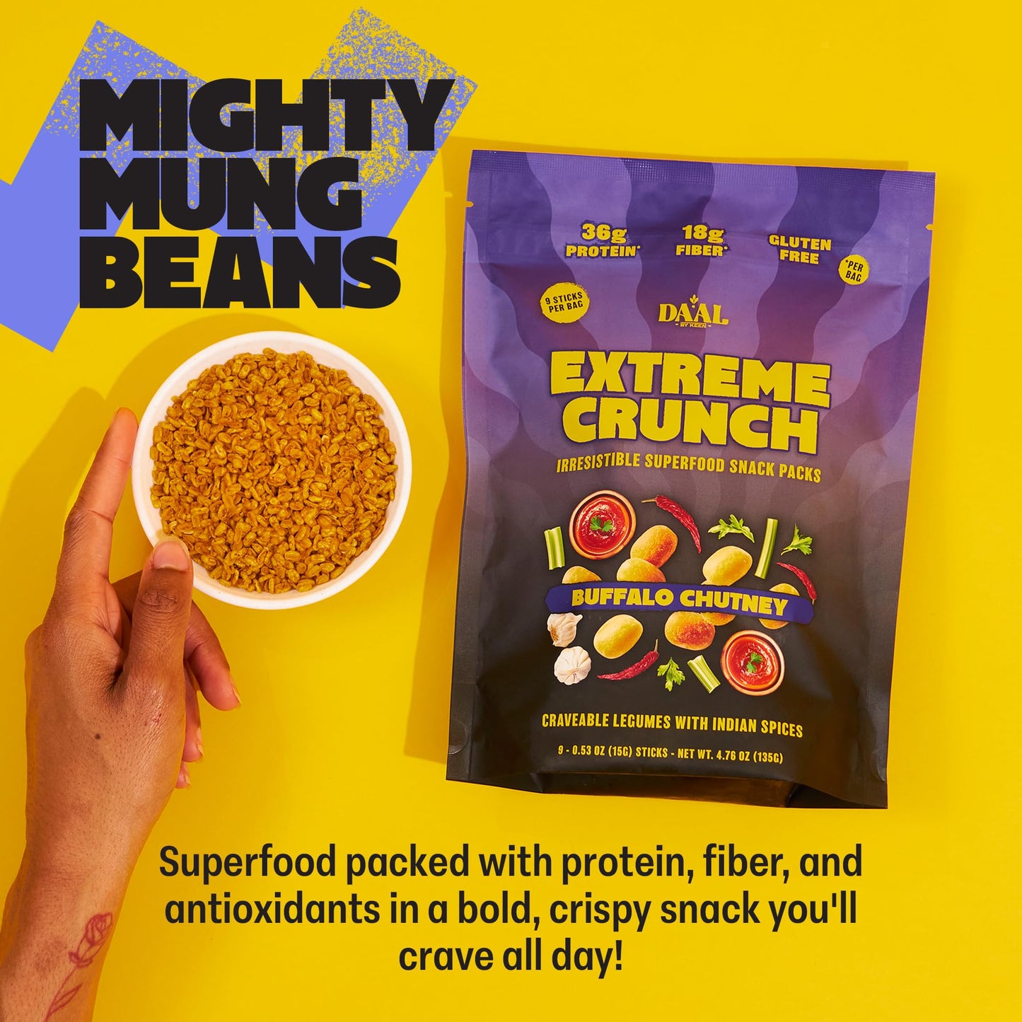 Daal Crunchy & Spicy Snacks - Vegan Snacks Made from Mung Beans - Gluten Free & Nut Free Moong Dal High Fiber Snacks Packed with 36g of Plant Based
