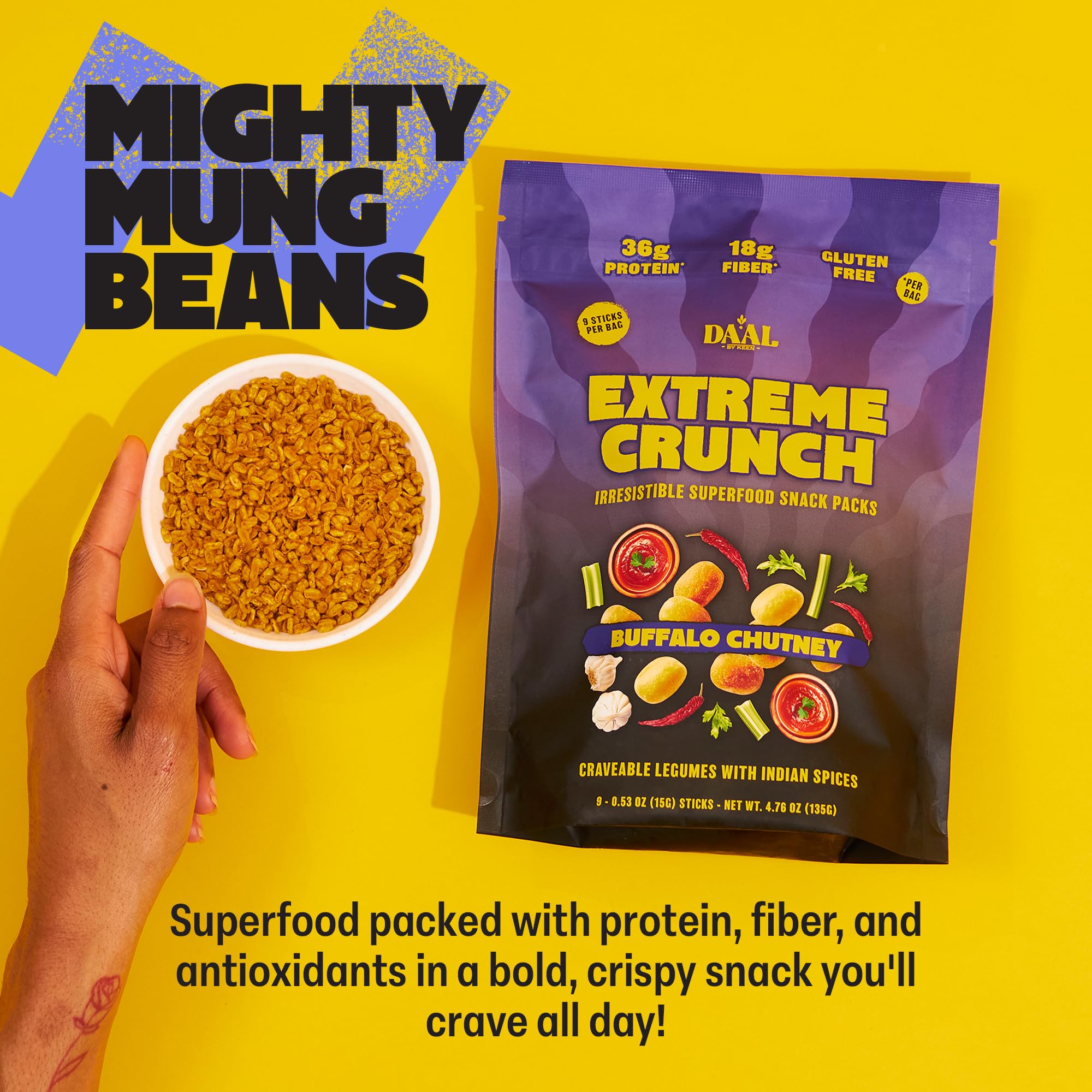 Daal Crunchy & Spicy Snacks - Vegan Snacks Made from Mung Beans - Gluten Free & Nut Free Moong Dal High Fiber Snacks Packed with 36g of Plant Based
