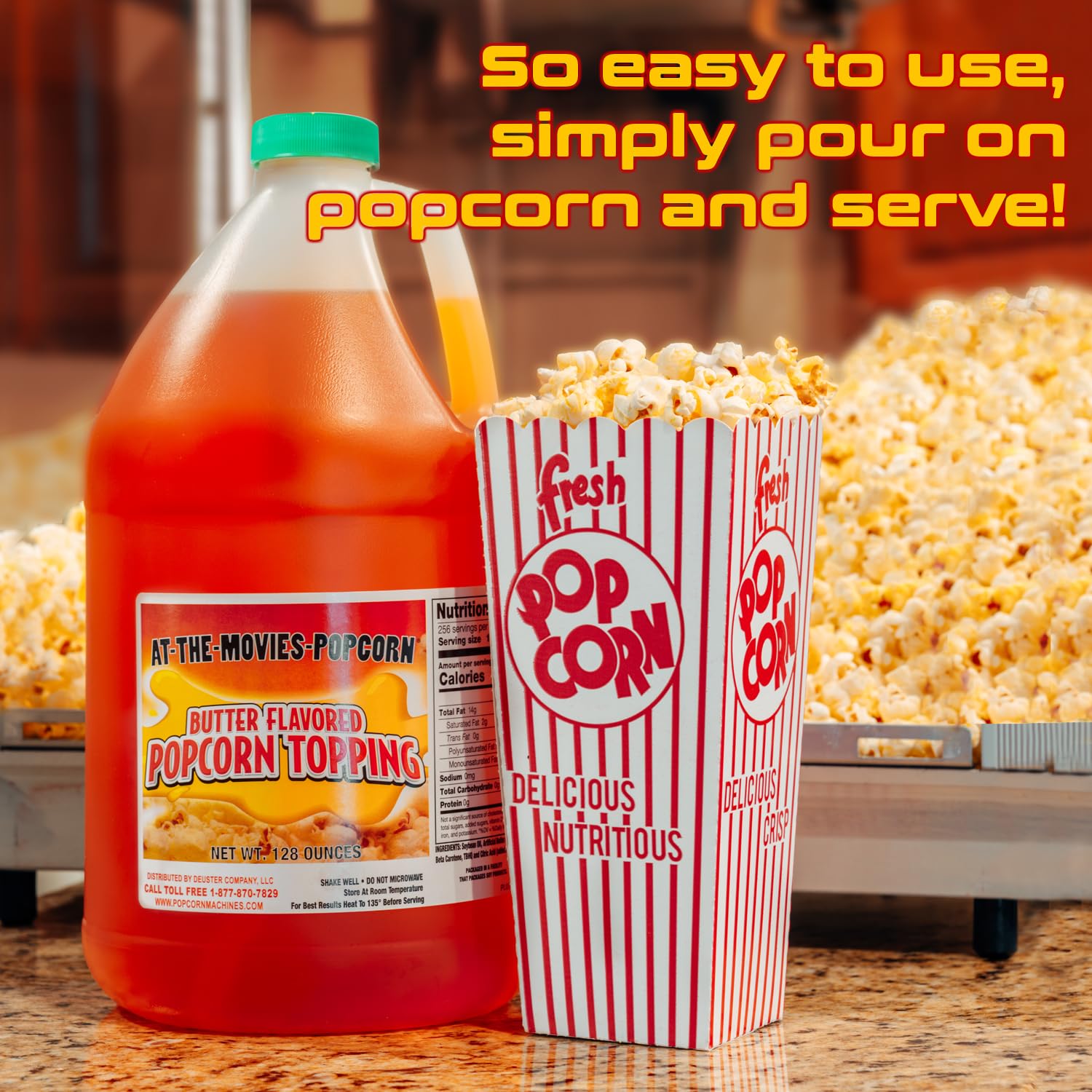 At-The-Movies-Popcorn® Buttery Flavor Popcorn Topping (1 Gallon) - Movie Theater Butter Popcorn Oil, Vegan, Gluten Free, Non GMO, Zero Trans Fat, Rich