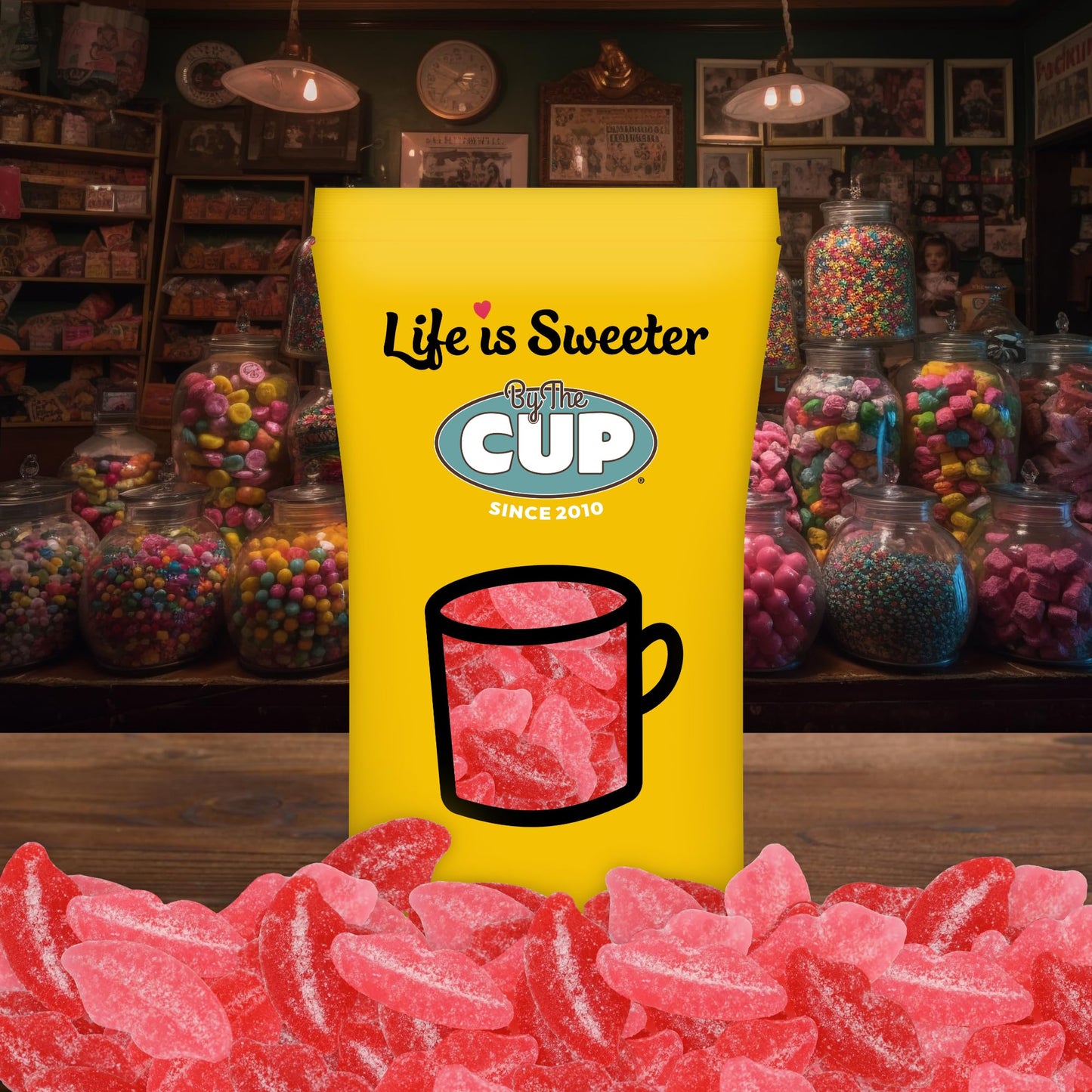 By The Cup Sour Pucker-up Gummy Lips, 1 lb Bulk Bag