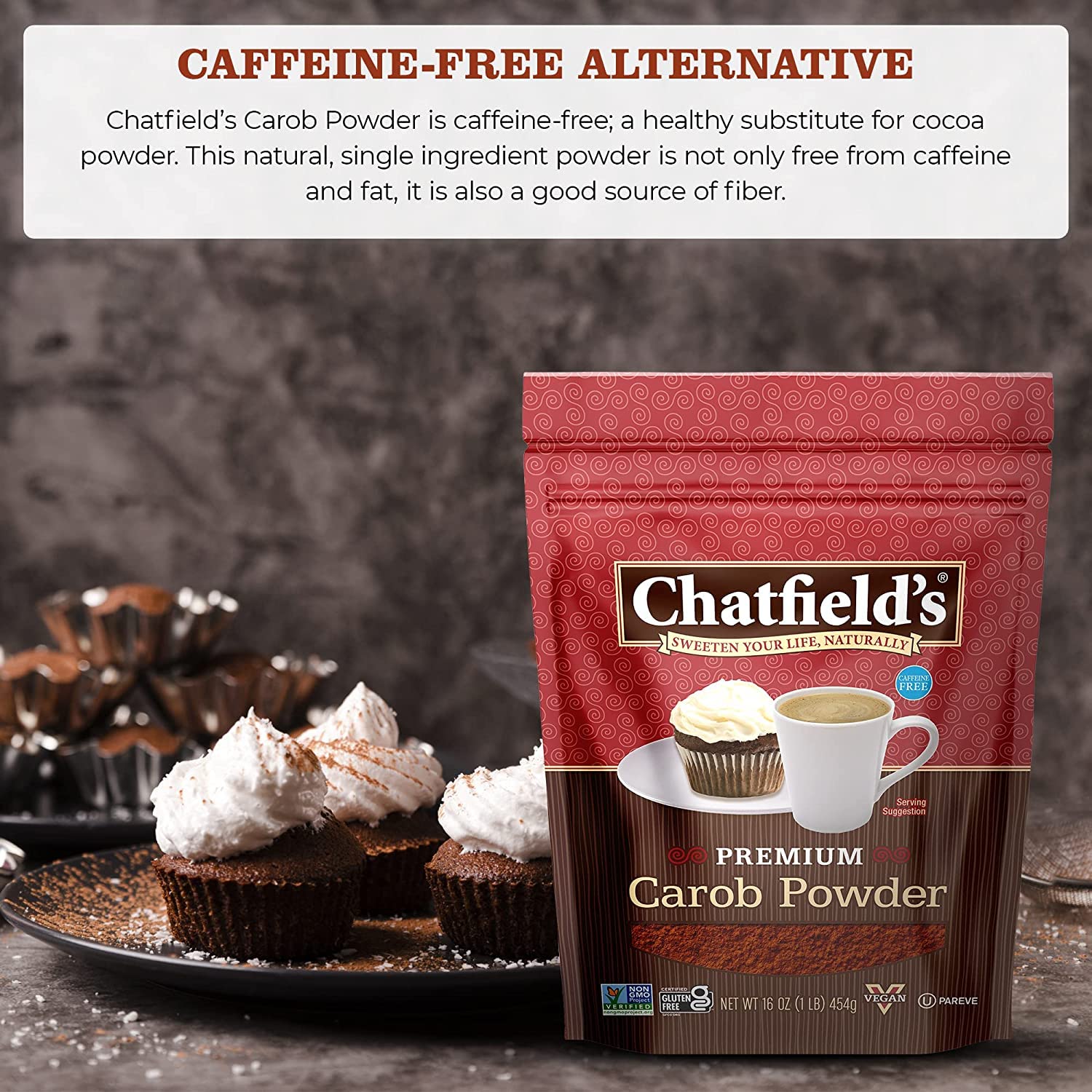 Chatfield’s All Natural Carob Powder 16-oz Pouch, Sweet and Delicious, Premium Quality, Caffeine-Free, Gluten-Free, Vegan, Kosher, Non-GMO Verified - (2 Pack)