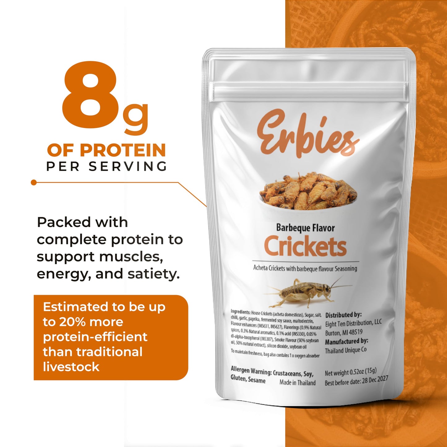 Erbies Edible Crickets for Humans, Exotic Food Bug Snacks & High Protein Edible Cricket Snacks for Humans, Barbecue Flavor 15g Bag