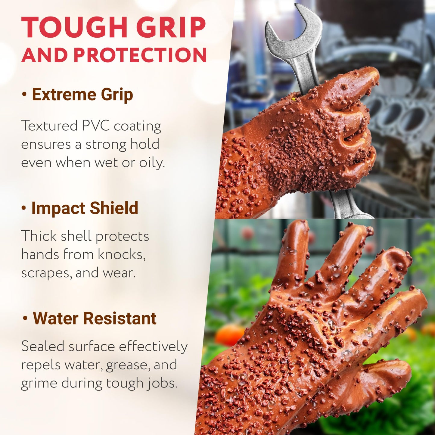 ABC PACK & SUPPLY Natural Rubber Coated PVC Gloves, Men's Size. Pack of 24 (12 Pairs) Dark Red Waterproof Work Gloves with a Rocky Finish. Heavy-Duty