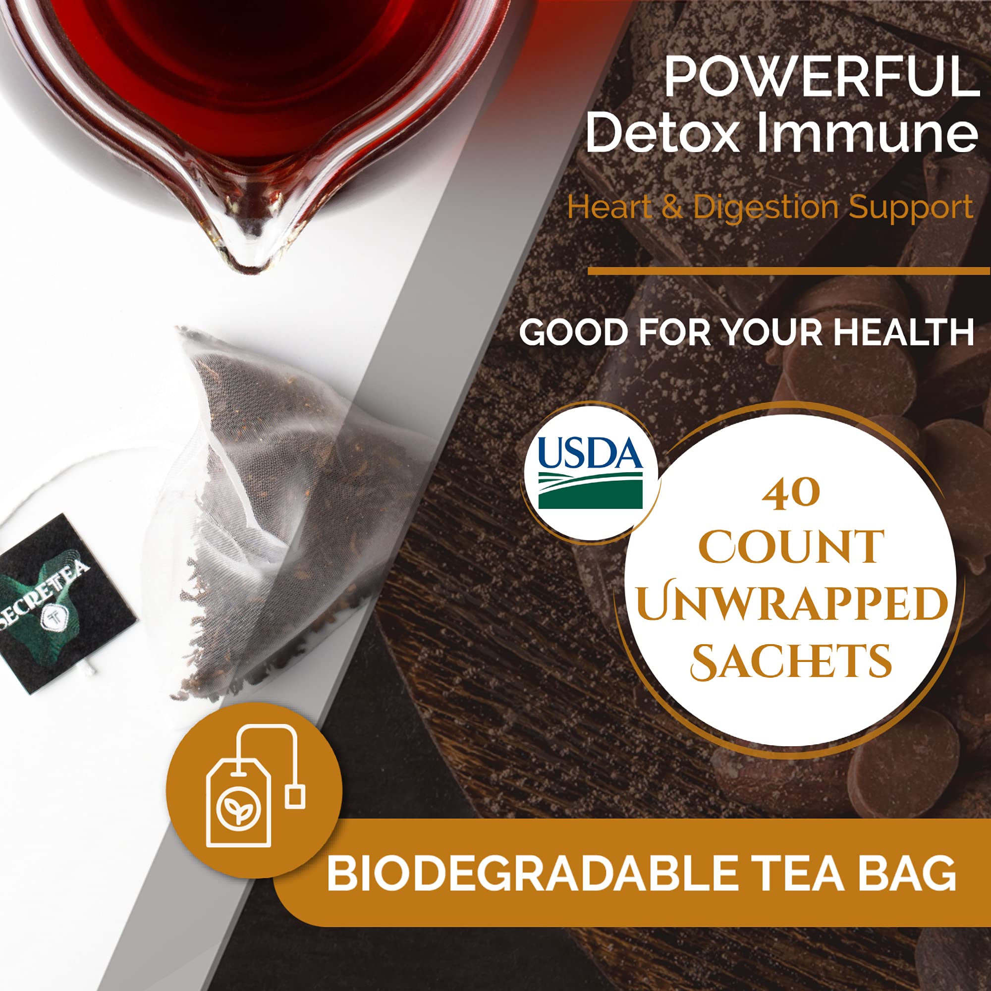 T SECRETEA Organic Cocoa Pu-erh Loose Tea Bag I Powerful Detox Immune I Heart & Digestion Support | 40 Count Unwrapped Sachets, Treasure Box