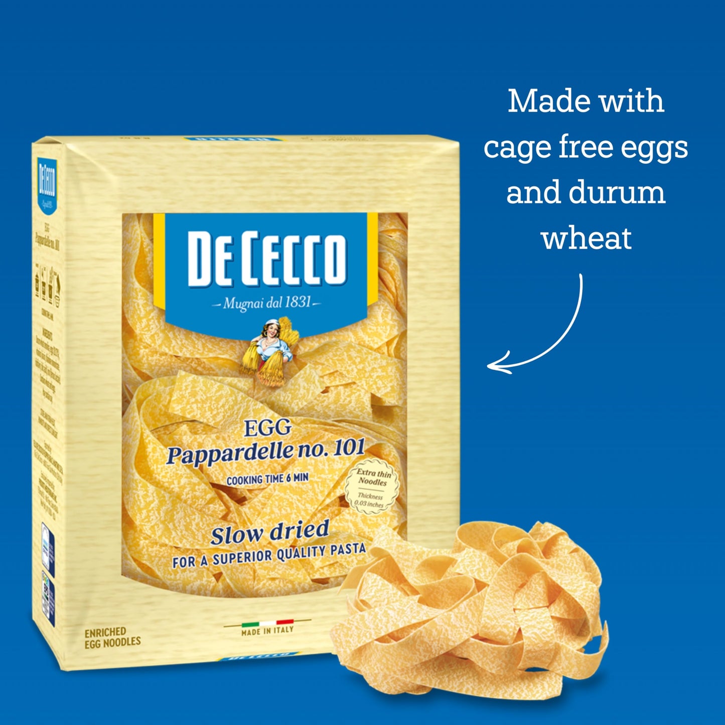De Cecco Egg Pappardelle No. 101 Pasta, 8.8 Oz, Authentic, Slow Dried, Made with Cage Free Eggs & Durum Wheat, Versatile Pasta for Sauces & Recipes