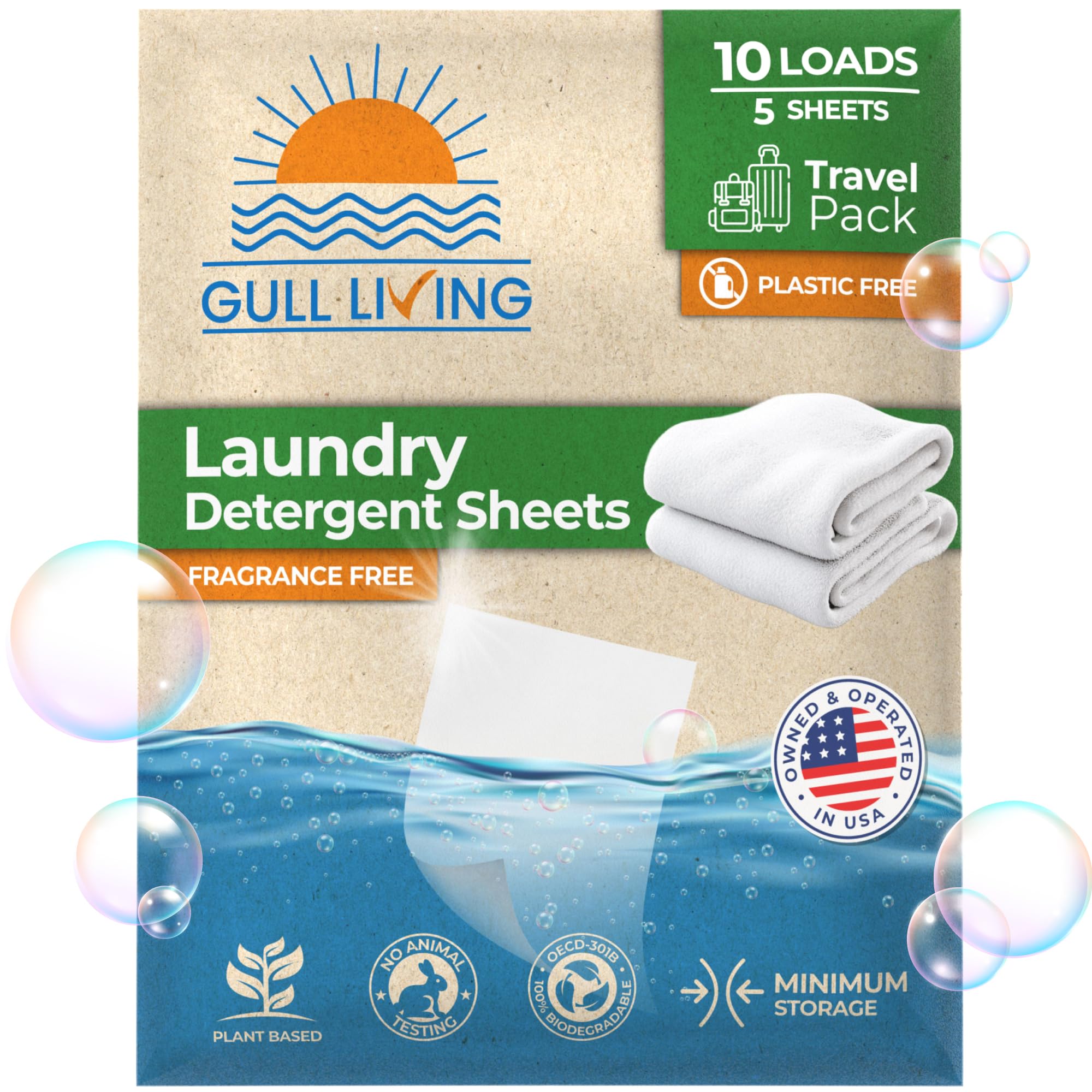 Gull Living Travel Laundry Detergent Sheets Unscented - 10 Loads - Dissolves Quickly, Removes Stains & Odors - For Home and Travel Laundry Sheets
